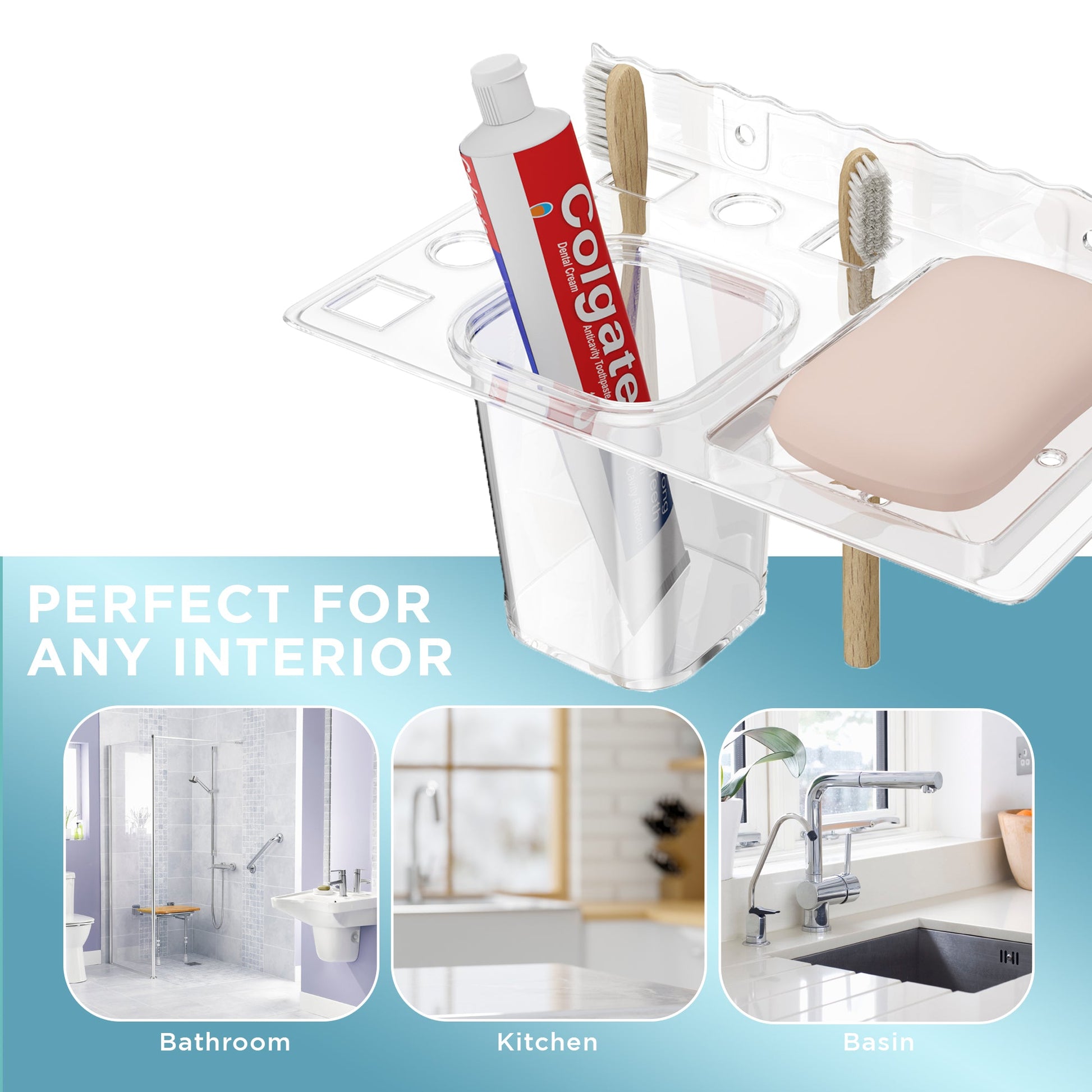 GLOXY® Unbreakable transparent Soap Dish with Toothbrush & Tumbler Holder Shelf - Stylish Bathroom Accessories.