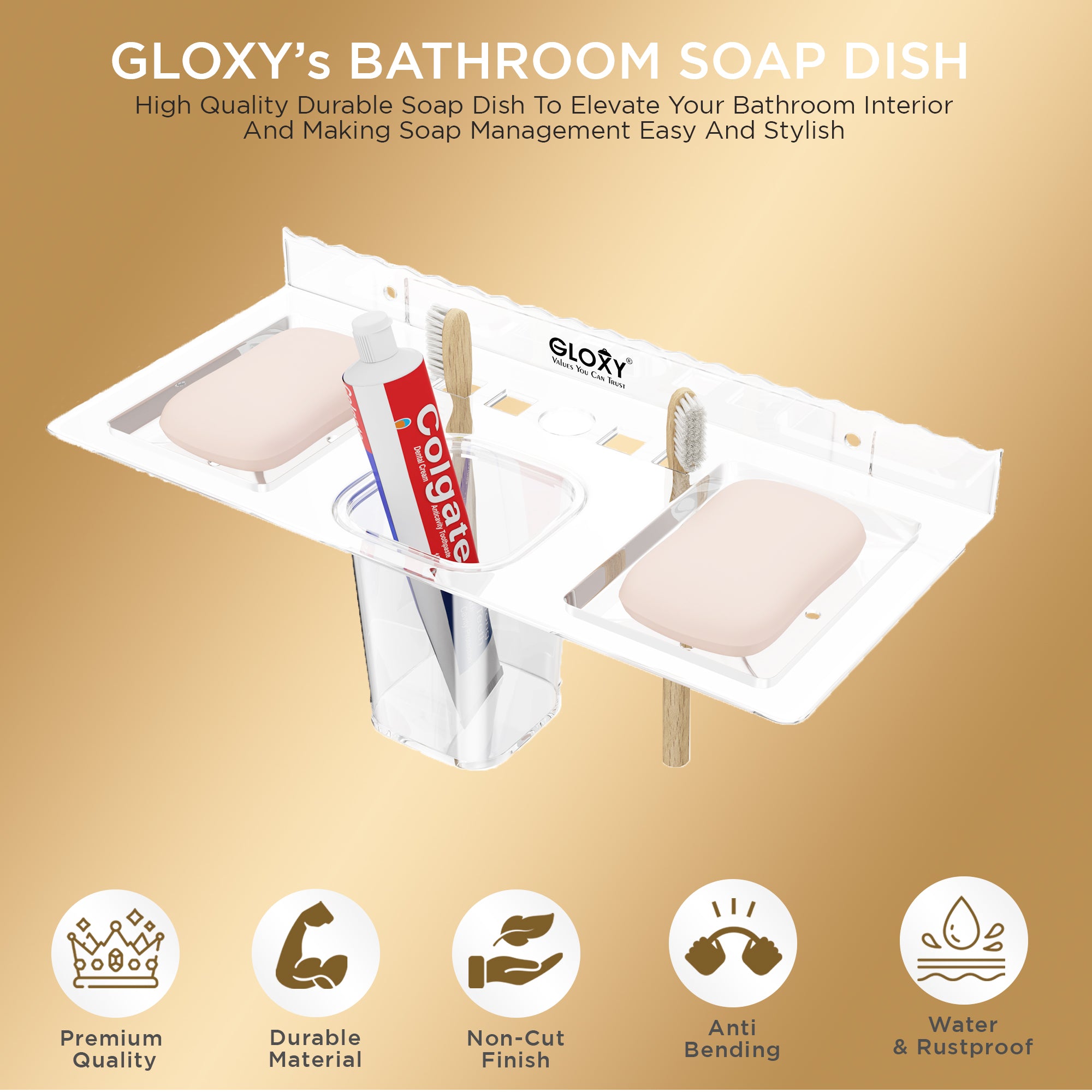 GLOXY® Unbreakable Corner Double Soap Dish with Toothbrush & Tumbler Holder - Stylish Bathroom Accessories.
