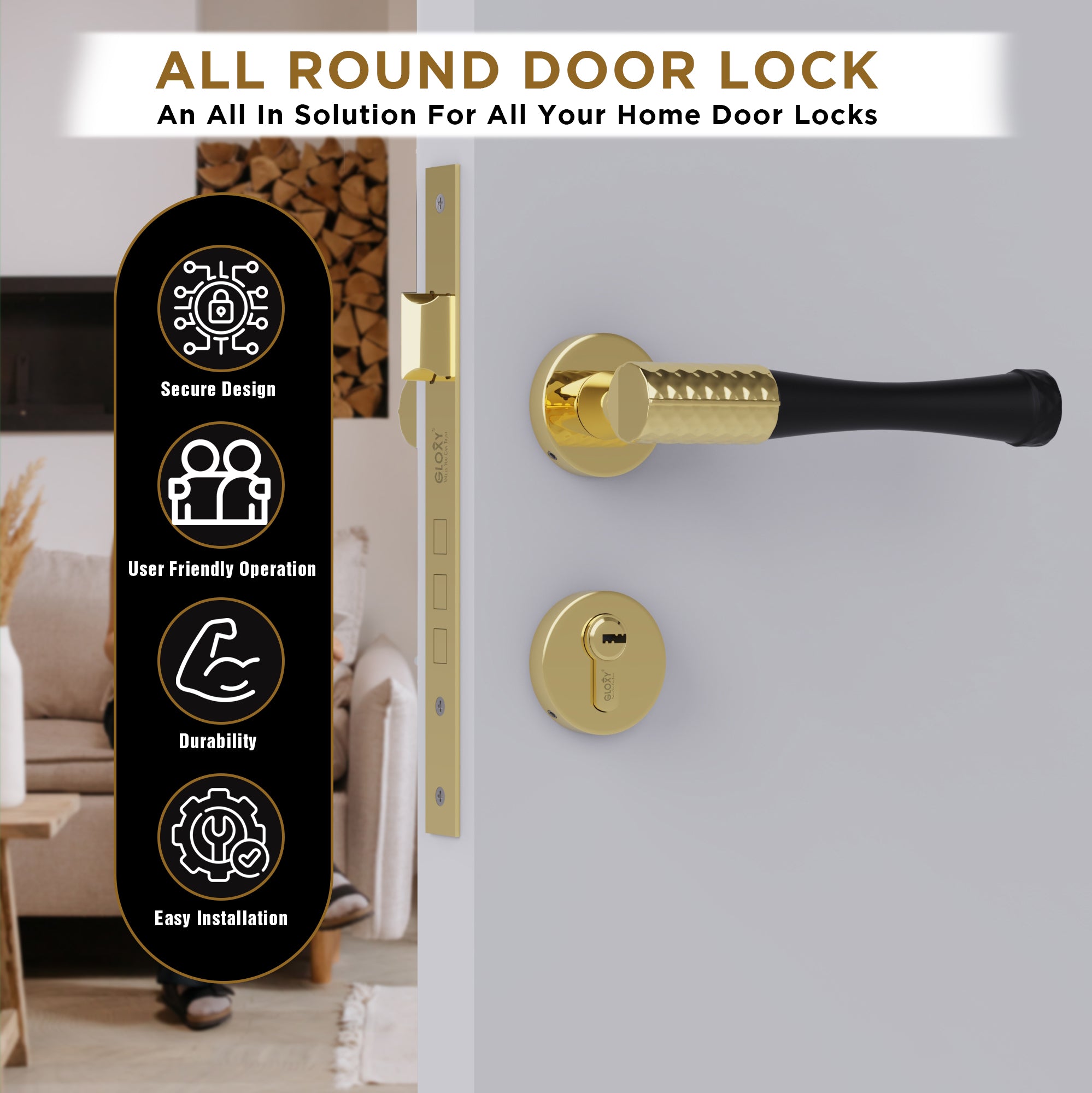 Mortise Door Handles Main Door Lock Handles Set with 3 Keys for Safety of Home | Bedroom, Office, Hotel, Home-by GLOXY®