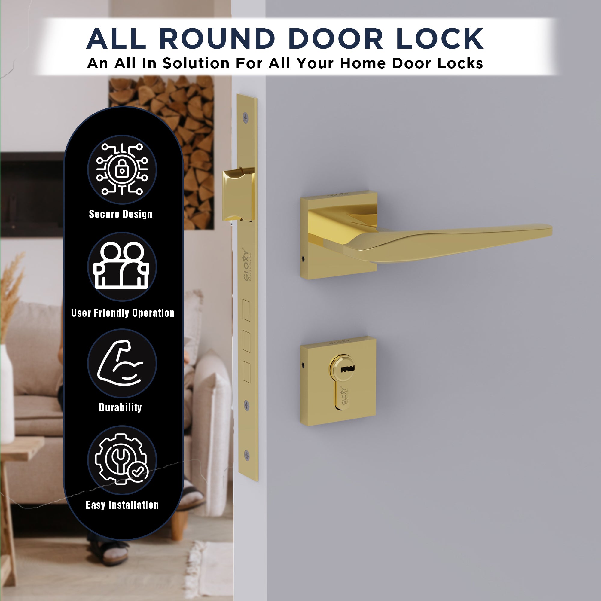Premium Mortise Door Locks Handle Set with Brass Lock Body for Home, Office, Hotel -by GLOXY®