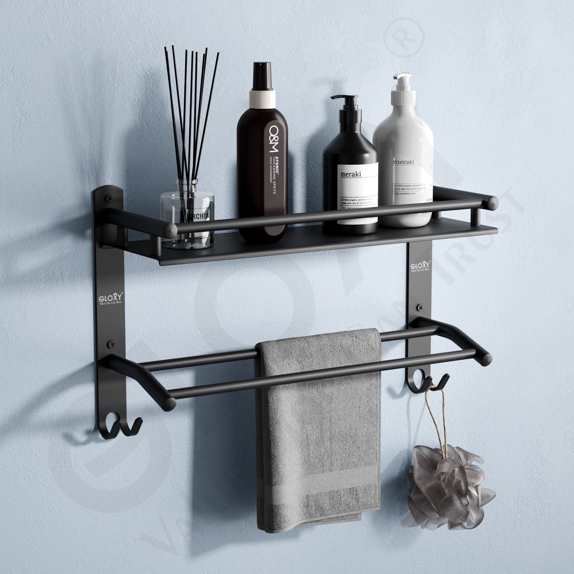 Black Matte Wall Mount Stainless Steel Shelf with Towel Holder