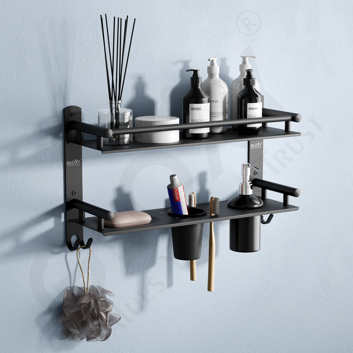 Black Matte Finish 6-in-1 Stainless Steel Bathroom Shelf Set
