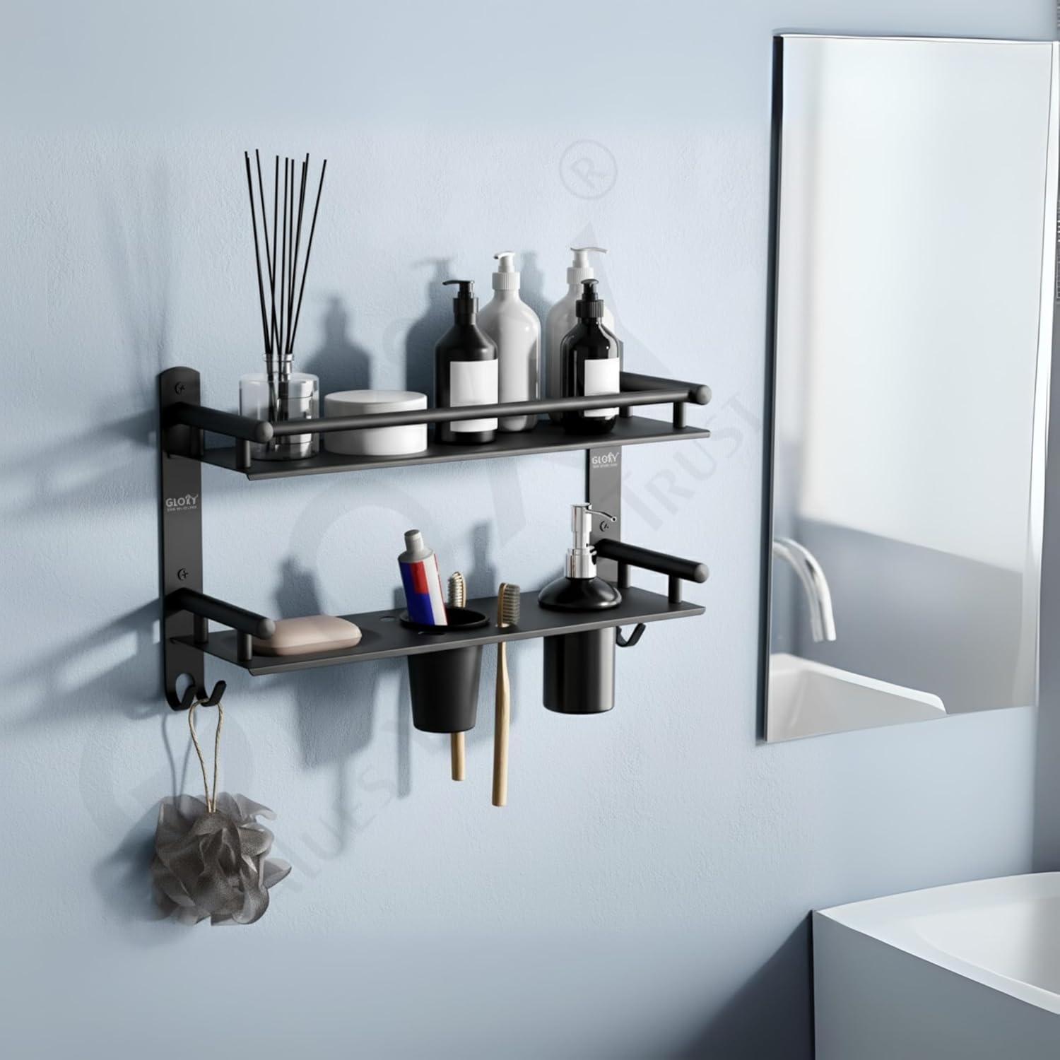 Gloxy Stainless Steel 2-Layer Black Finish Bathroom Shelf with Tumbler Holder, Soap Dish & Liquid Dispenser