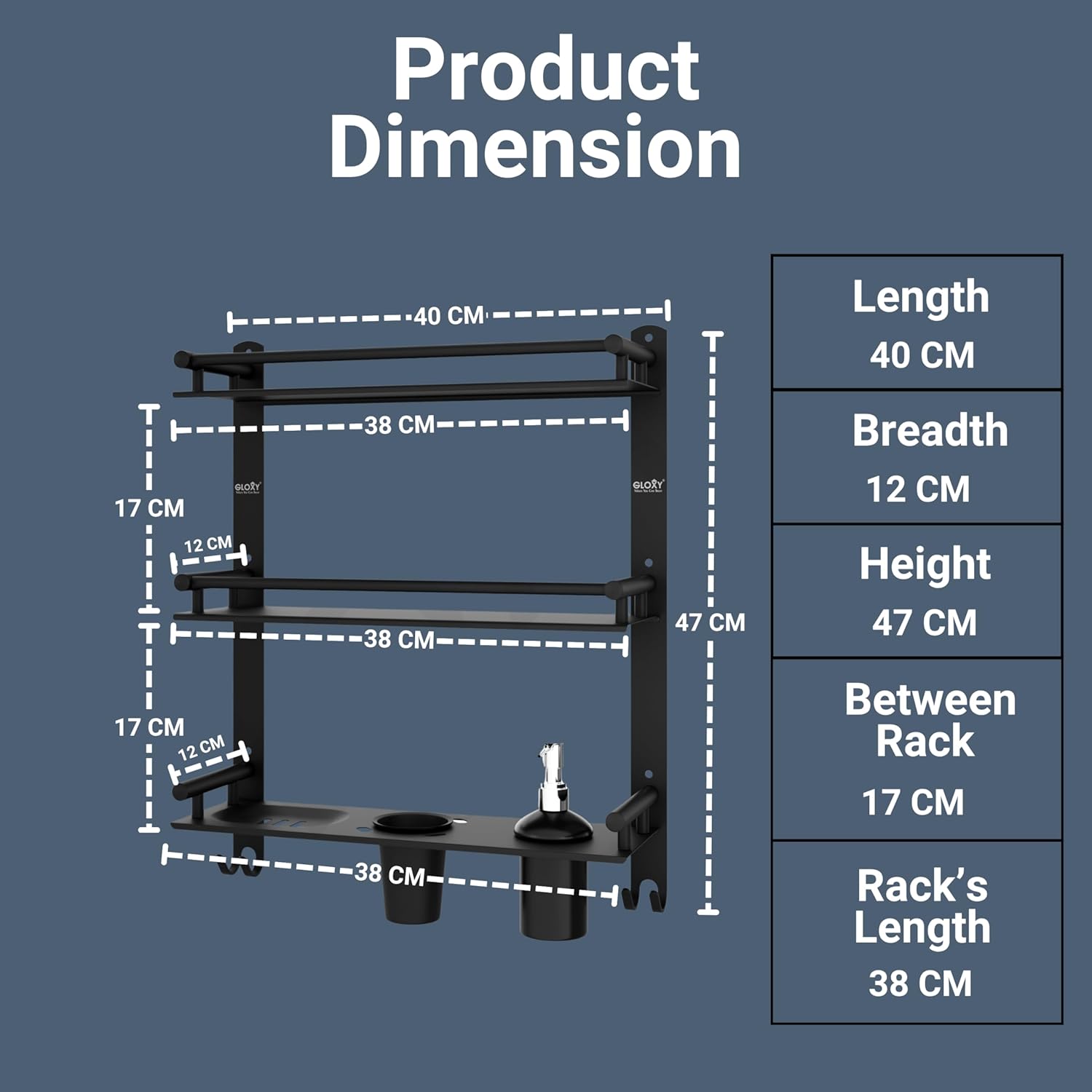 Gloxy Stainless Steel 3-Layer Chrome Finish Bathroom Shelf With Soap Dish,Liquid Dispenser,Tumbler Holder & Hooks