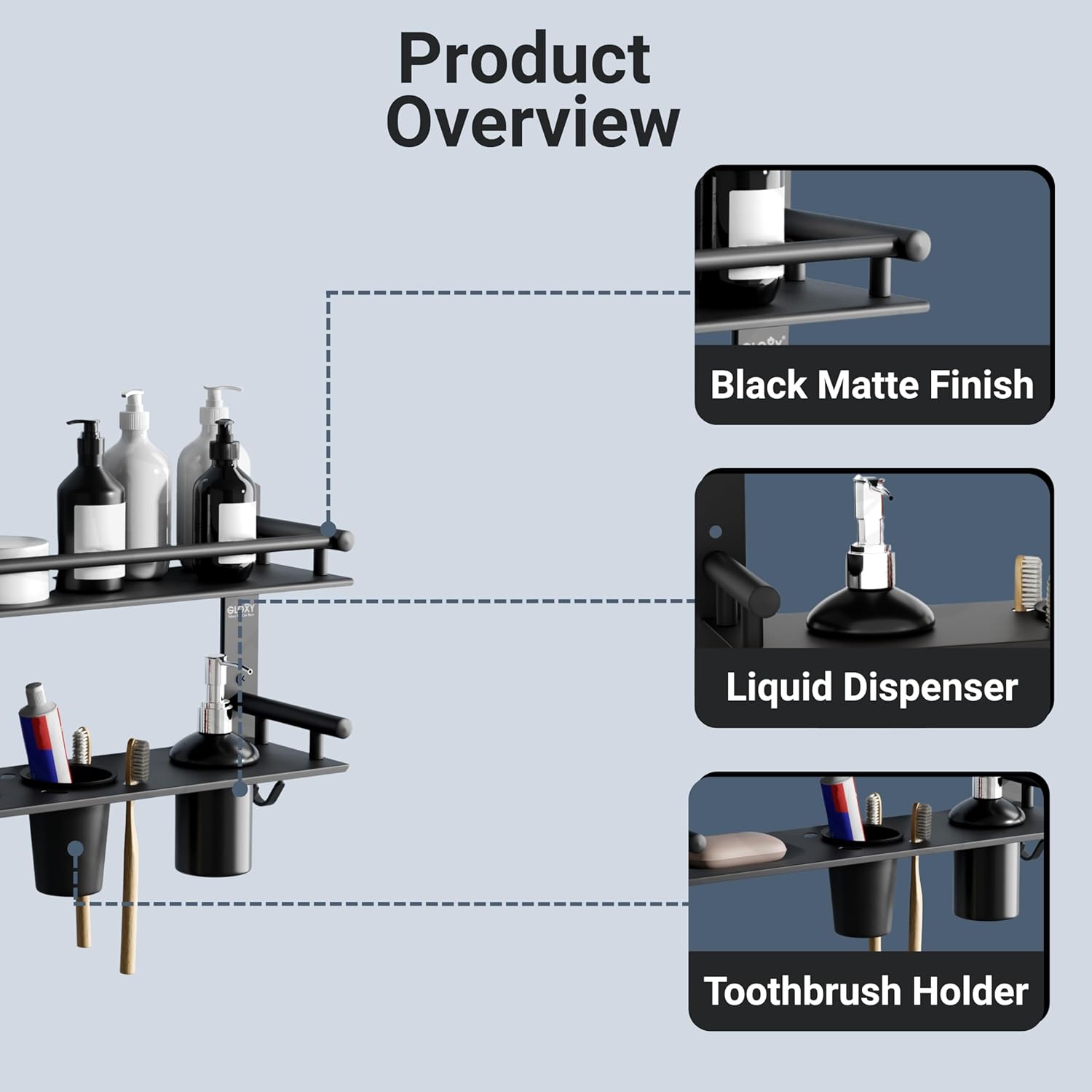 Gloxy Stainless Steel 2-Layer Black Finish Bathroom Shelf with Tumbler Holder, Soap Dish & Liquid Dispenser