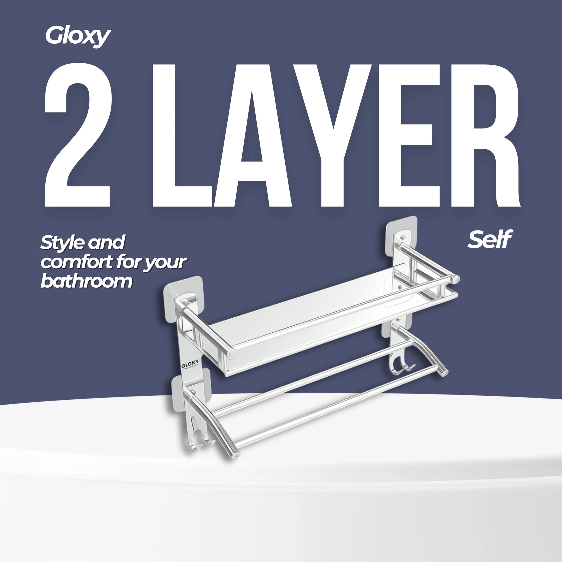 Gloxy Stainless Steel 2-Layer Chrome Finish Bathroom Shelf with Towel Rod & Hooks-Adhesive Sticker Installation