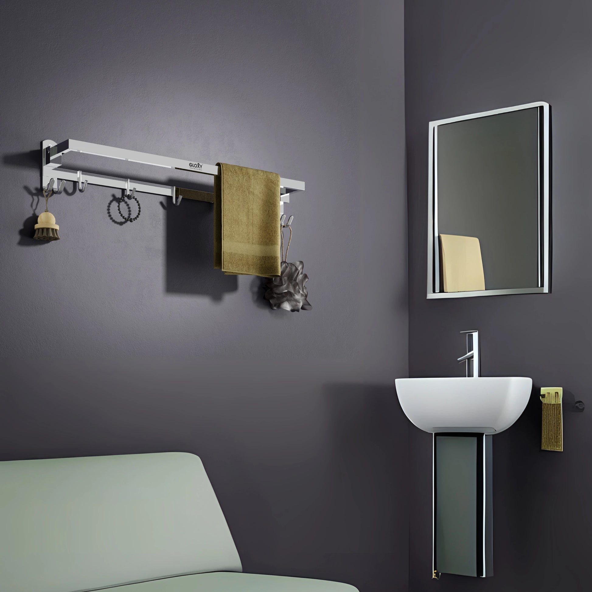 Gloxy Rectangular Shape Chrome Finish Folding Stainless Steel Towel Bar with Hooks – 24 Inch