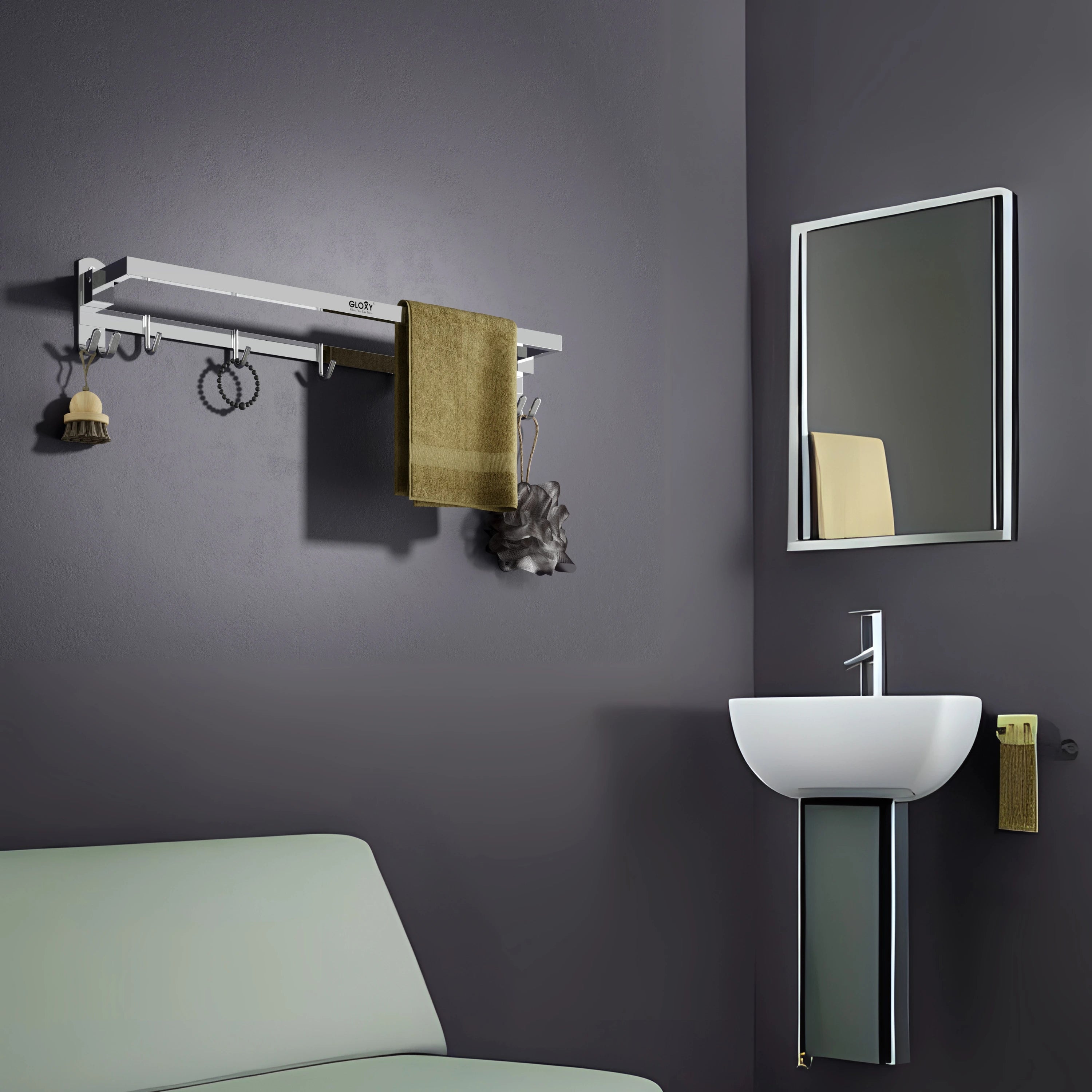 Gloxy Rectangular Shape Chrome Finish Folding Stainless Steel Towel Bar with Hooks – 24 Inch