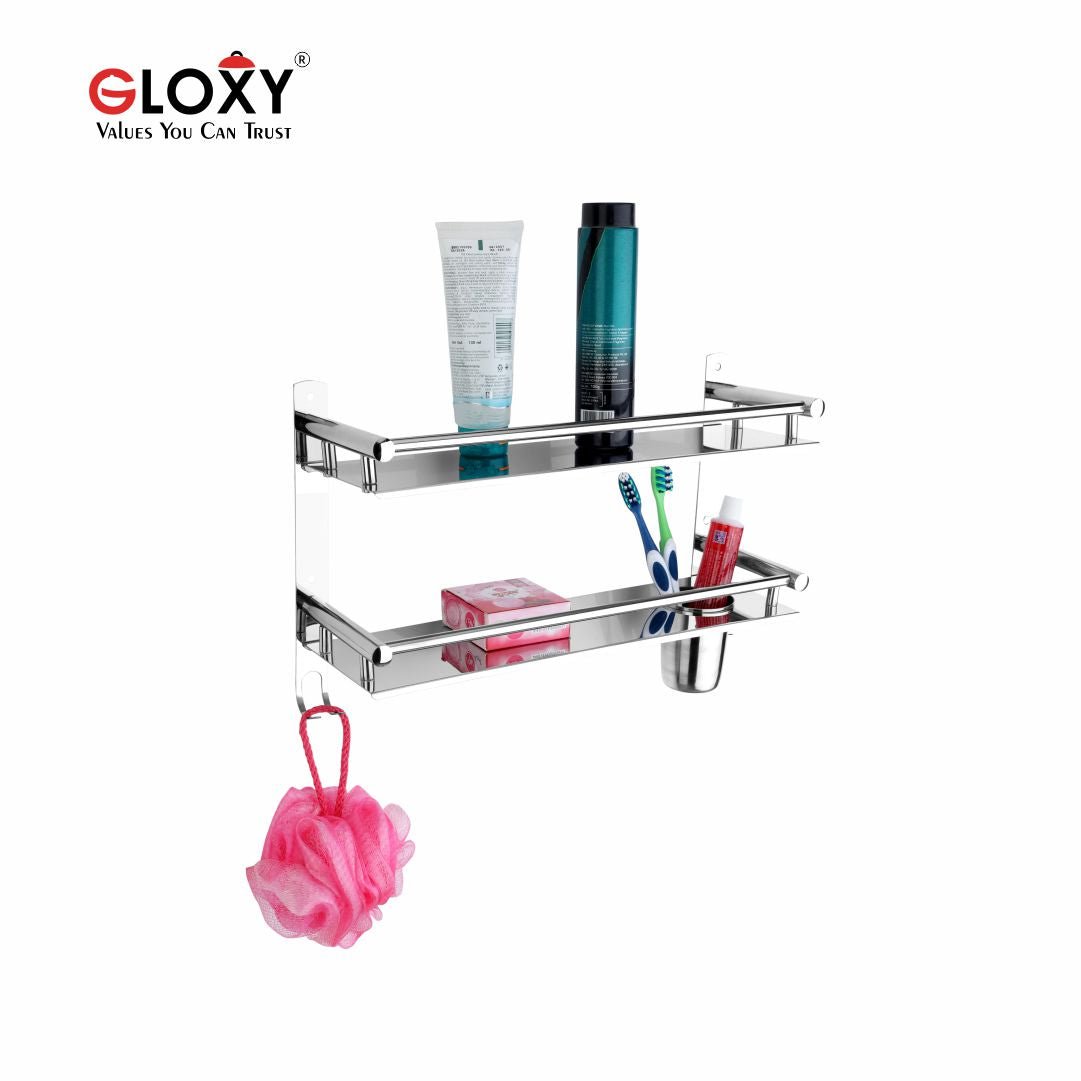 Gloxy Stainless Steel 2-Layer Chrome Finish Bathroom Shelf With Tumbler Holder