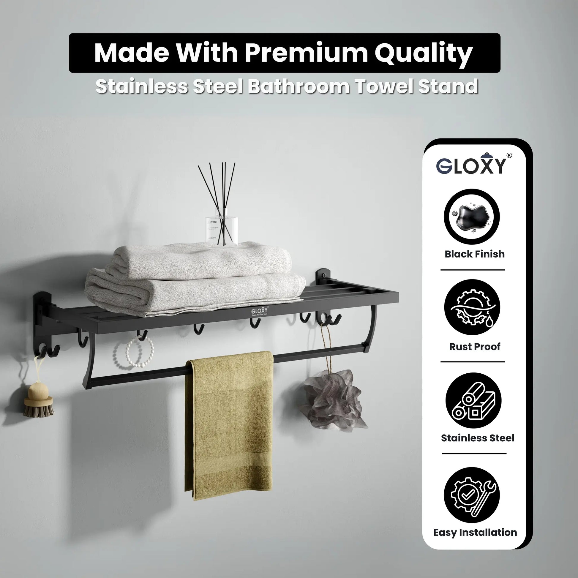 Gloxy Stainless Steel Black Finsih Folding Bar Bath Towel Rack with Hook-24 Inch