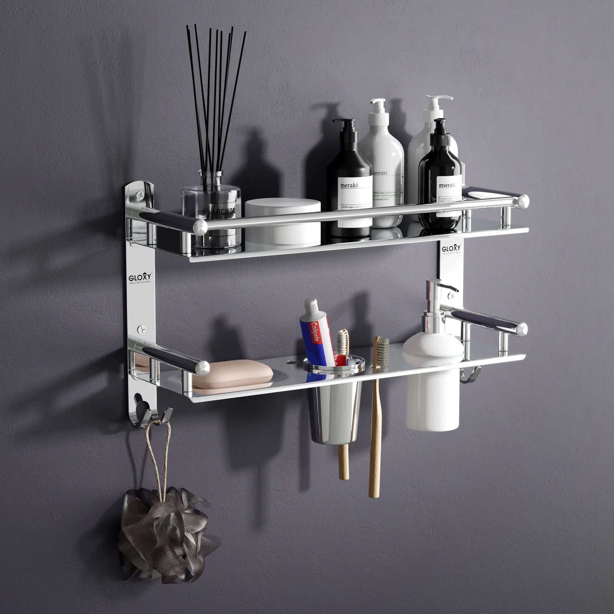 Gloxy Silver Finish 6 in1 Premium Multipurpose Stainless Steel 2 Layer Bathroom Rack Storage with Soap Dish & Liquid Dispenser