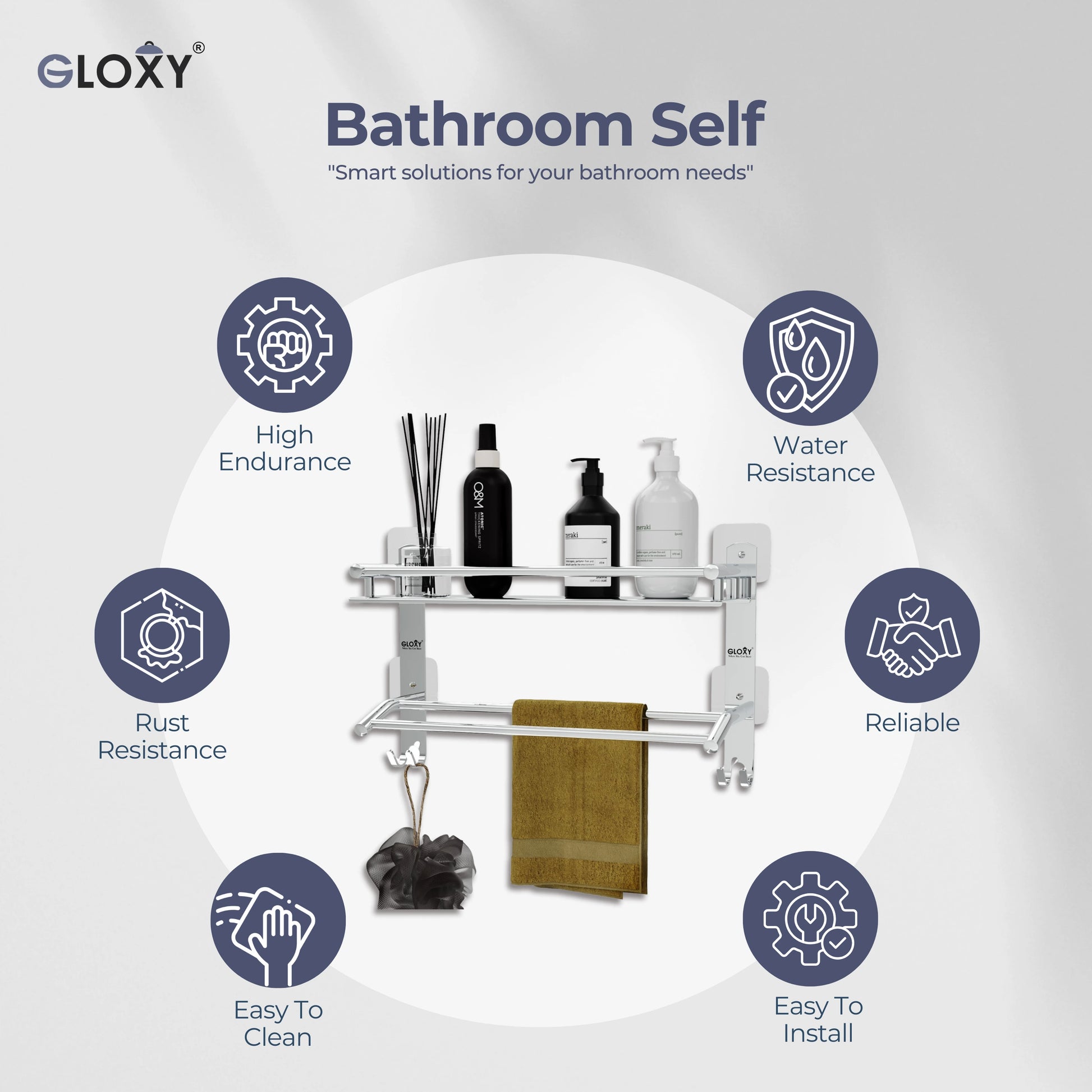 Gloxy Stainless Steel 2-Layer Chrome Finish Bathroom Shelf with Towel Rod & Hooks-Adhesive Sticker Installation