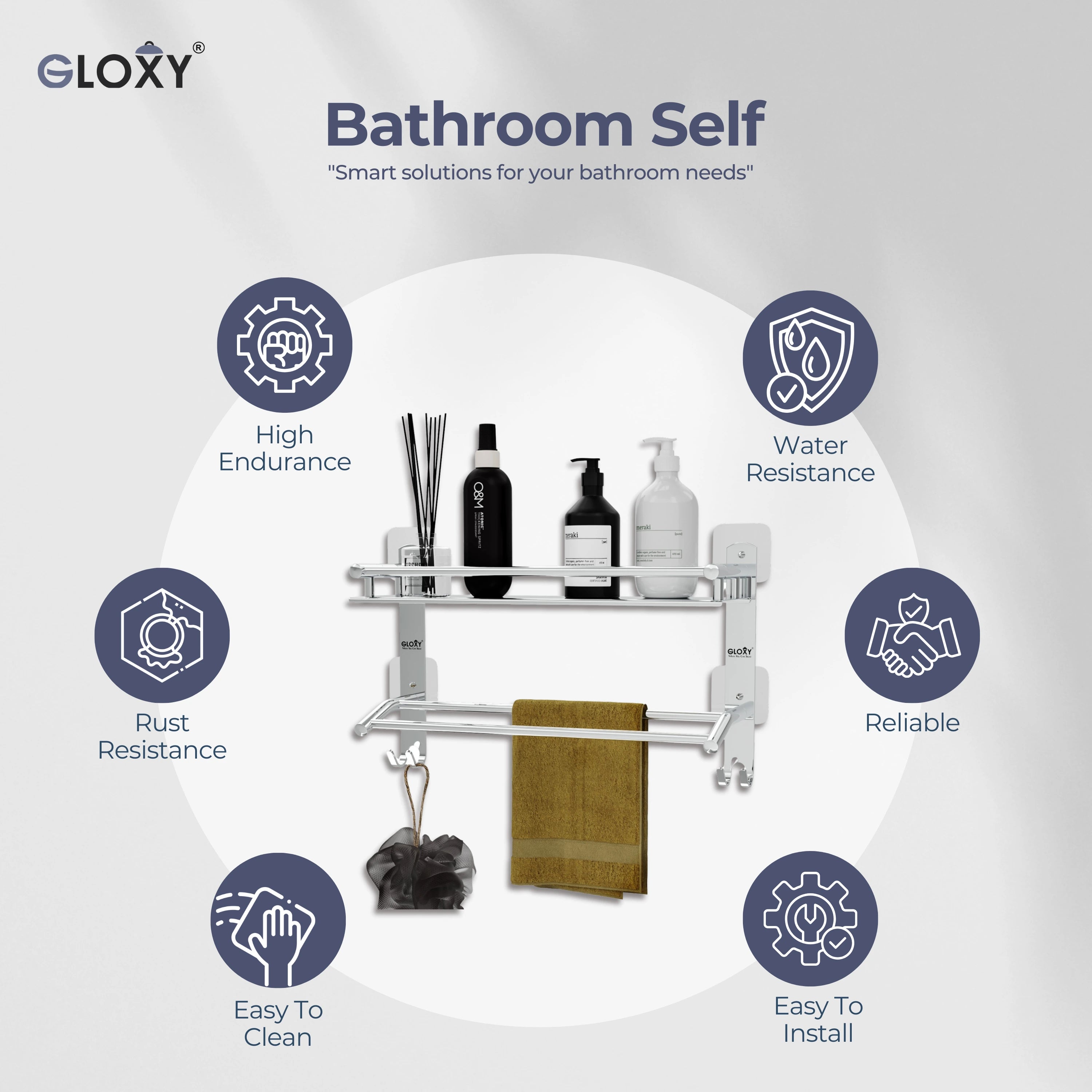 Gloxy Stainless Steel 2-Layer Chrome Finish Bathroom Shelf with Towel Rod & Hooks-Adhesive Sticker Installation