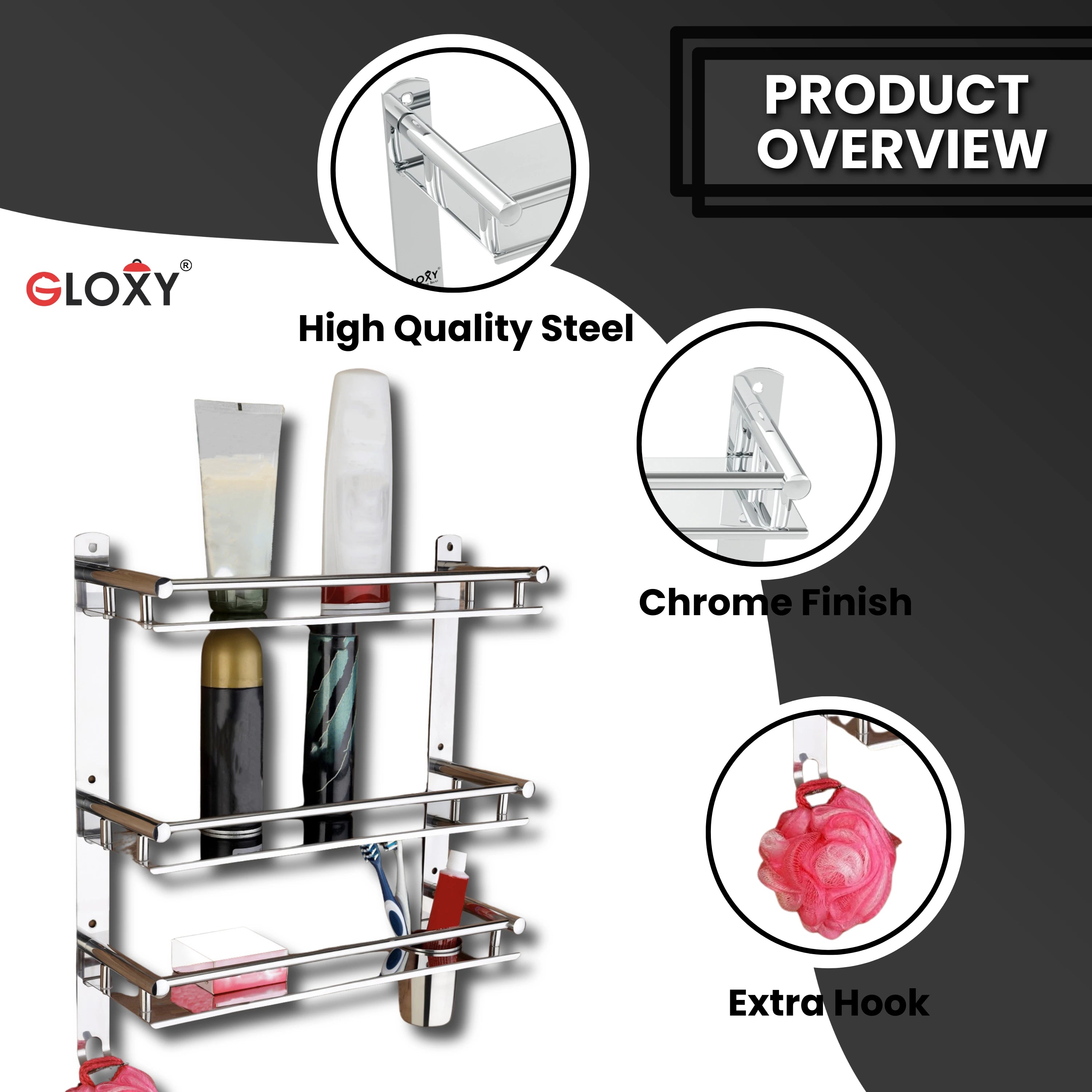 Gloxy Stainless Steel 3-Layer Chrome Finish Bathroom Shelf with Soap Dish,Toothbrush Holder & Hooks
