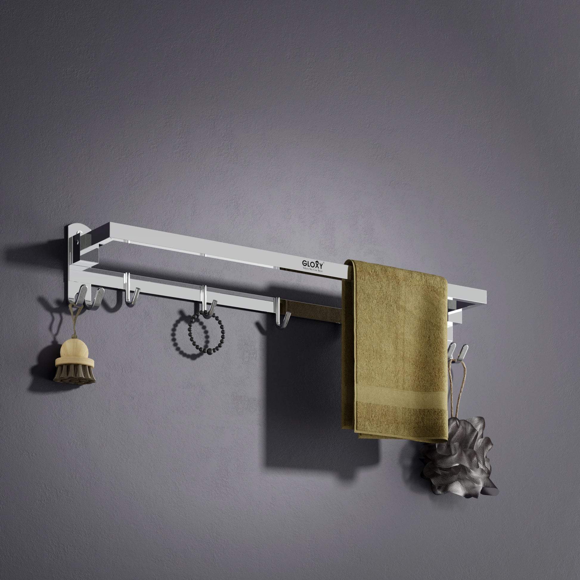 Gloxy Rectangular Shape Chrome Finish Folding Stainless Steel Towel Bar with Hooks – 24 Inch