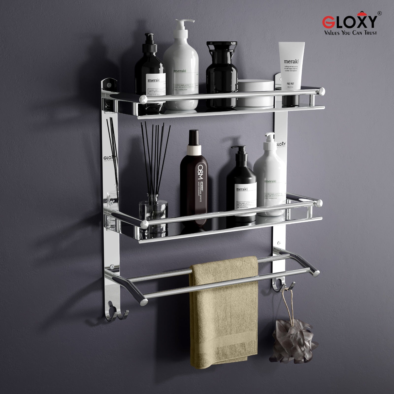 Gloxy Stainless Steel 3-Layer Chrome Finish Bathroom Shelf with Towel Rod & Hooks