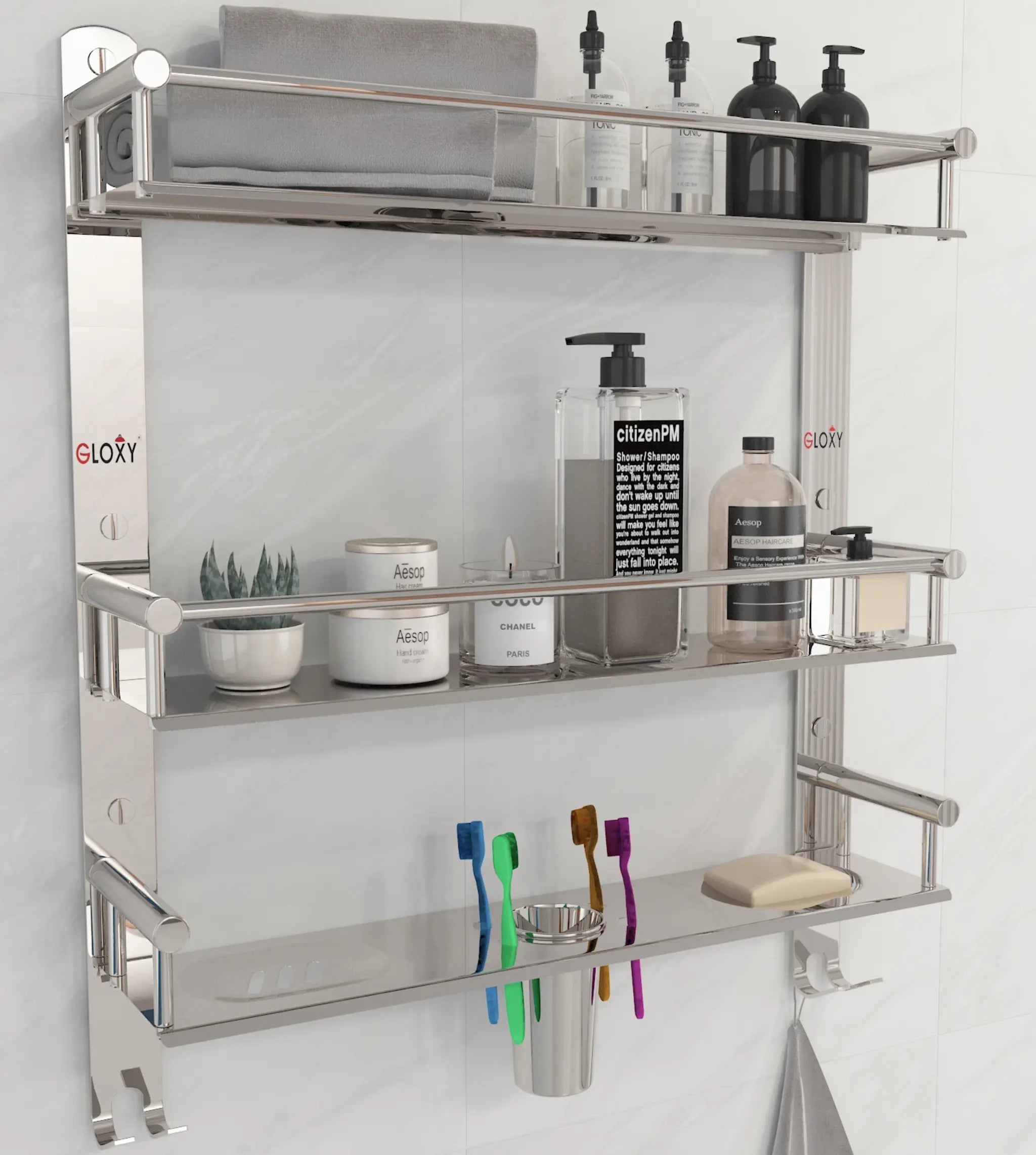 Stainless Steel 3 Layer Bathroom Shelf with Double Soap Dish and Toothbrush Holder  by GLOXY®