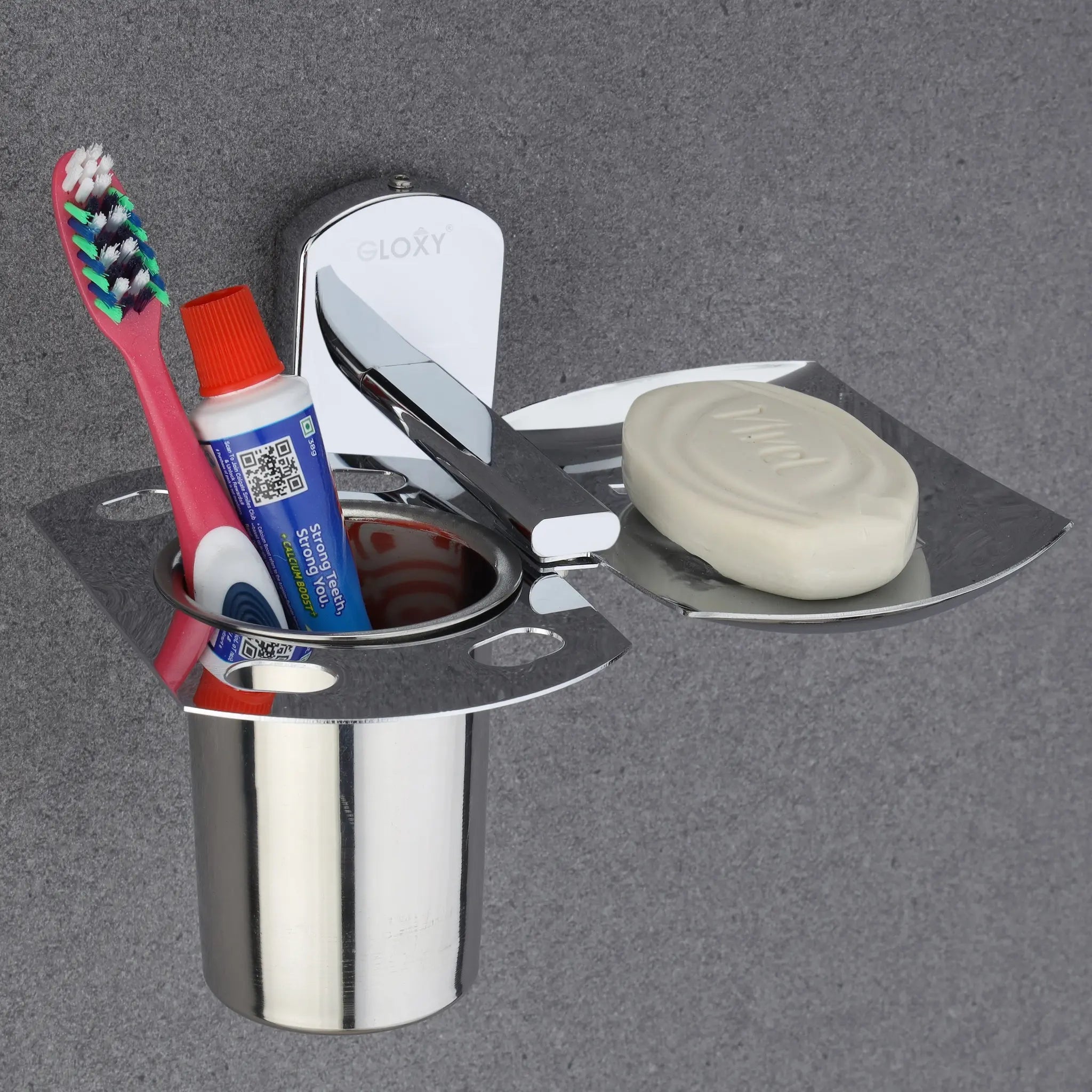 Gloxy Rectangular Shape Stainless Steel 202 Grade Chrome Finish Single Soap Holder With Tumbler Holder