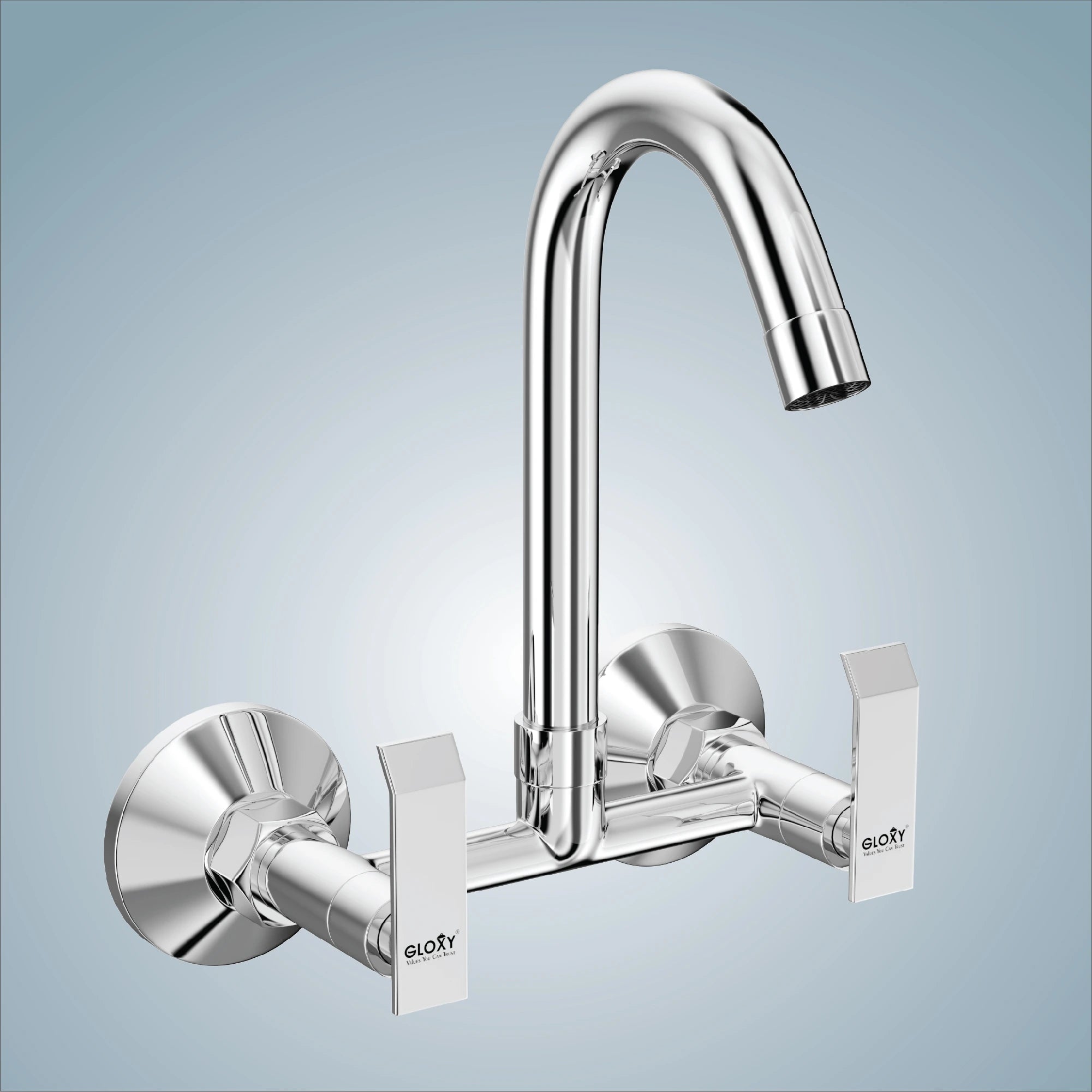 Gloxy Jet+ Series Double Lever Hot & Cold Water Mixer with 360° Swivel Spout Wall Mount Brass Swan Neck Faucet