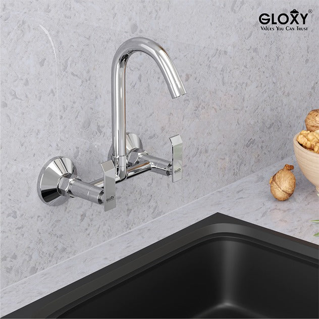 Gloxy Jet+ Series Double Lever Hot & Cold Water Mixer with 360° Swivel Spout Wall Mount Brass Swan Neck Faucet