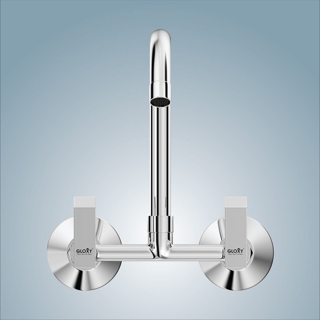 Gloxy Jet+ Series Double Lever Hot & Cold Water Mixer with 360° Swivel Spout Wall Mount Brass Swan Neck Faucet