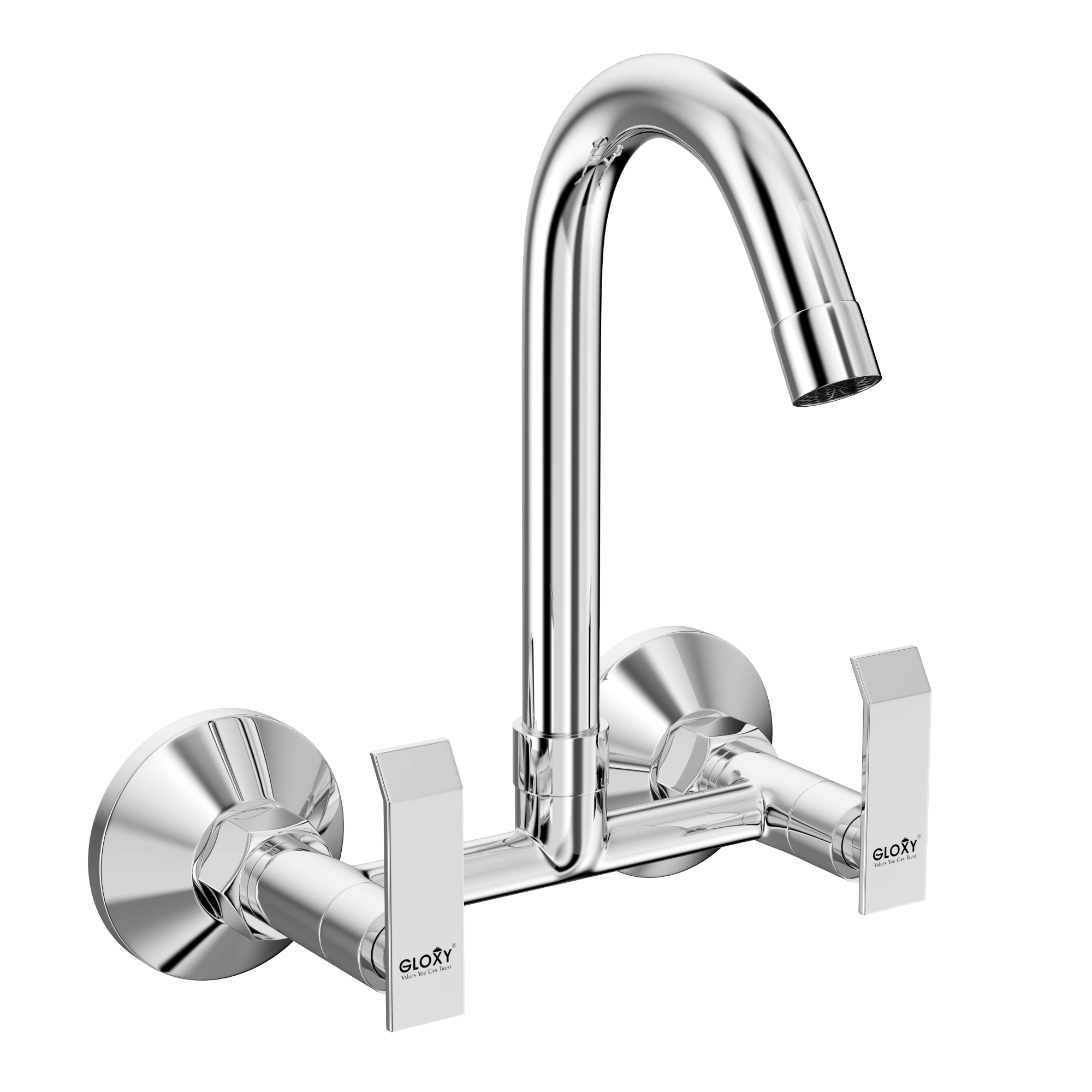 Gloxy Jet+ Series Double Lever Hot & Cold Water Mixer with 360° Swivel Spout Wall Mount Brass Swan Neck Faucet
