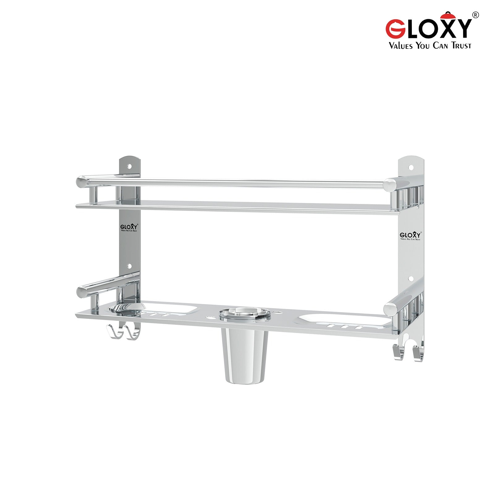 Gloxy Stainless Steel 2-Layer Chrome Finish Bathroom Shelf with Soap Dish,Tumbler Holder,Hooks
