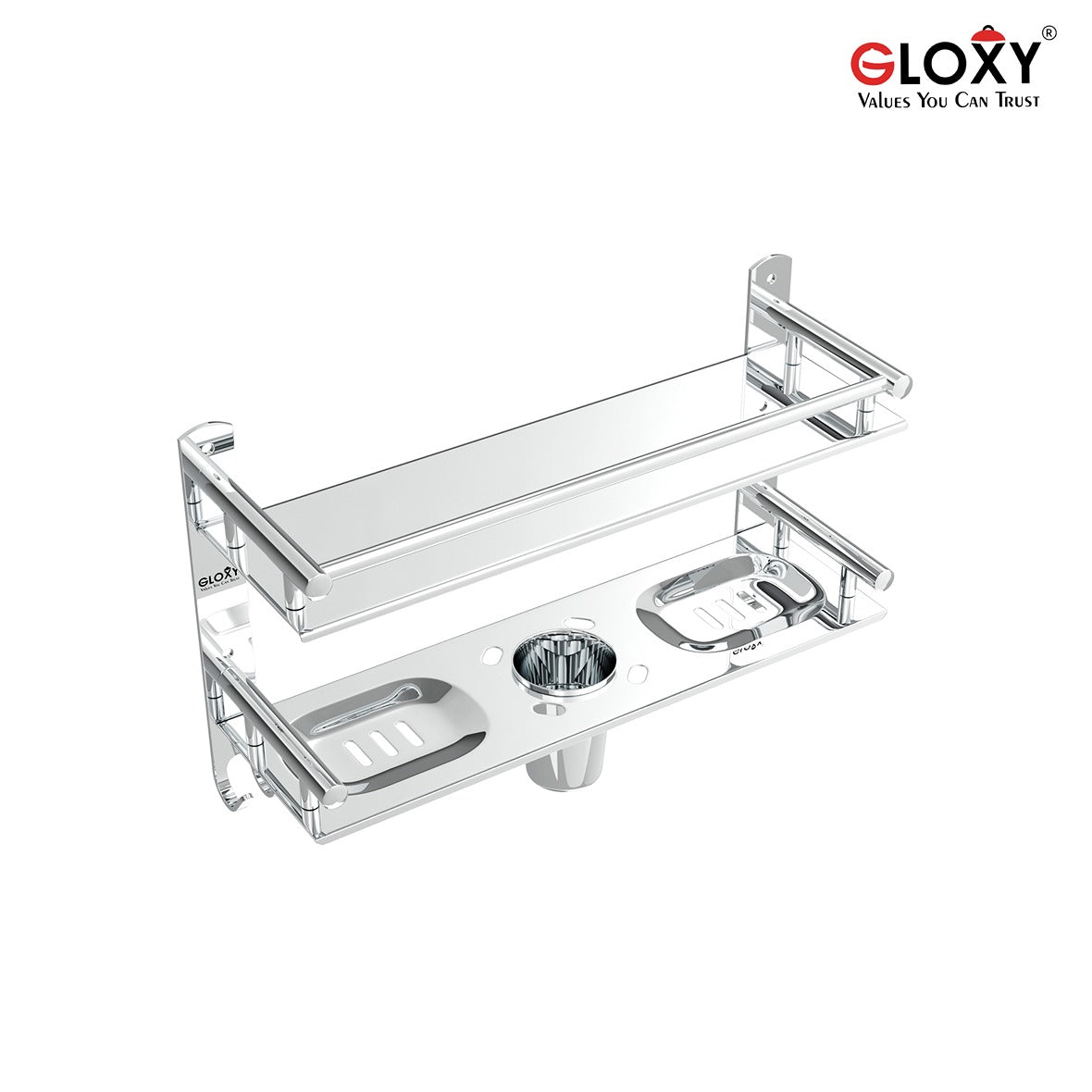 Gloxy Stainless Steel 2-Layer Chrome Finish Bathroom Shelf with Soap Dish,Tumbler Holder,Hooks