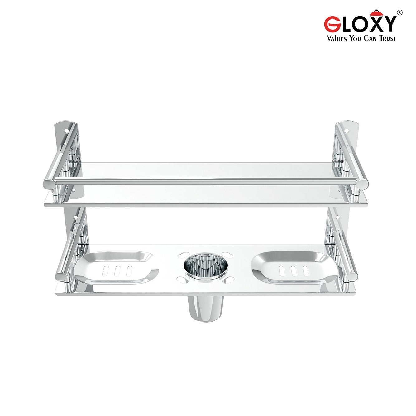 Gloxy Stainless Steel 2-Layer Chrome Finish Bathroom Shelf with Soap Dish,Tumbler Holder,Hooks