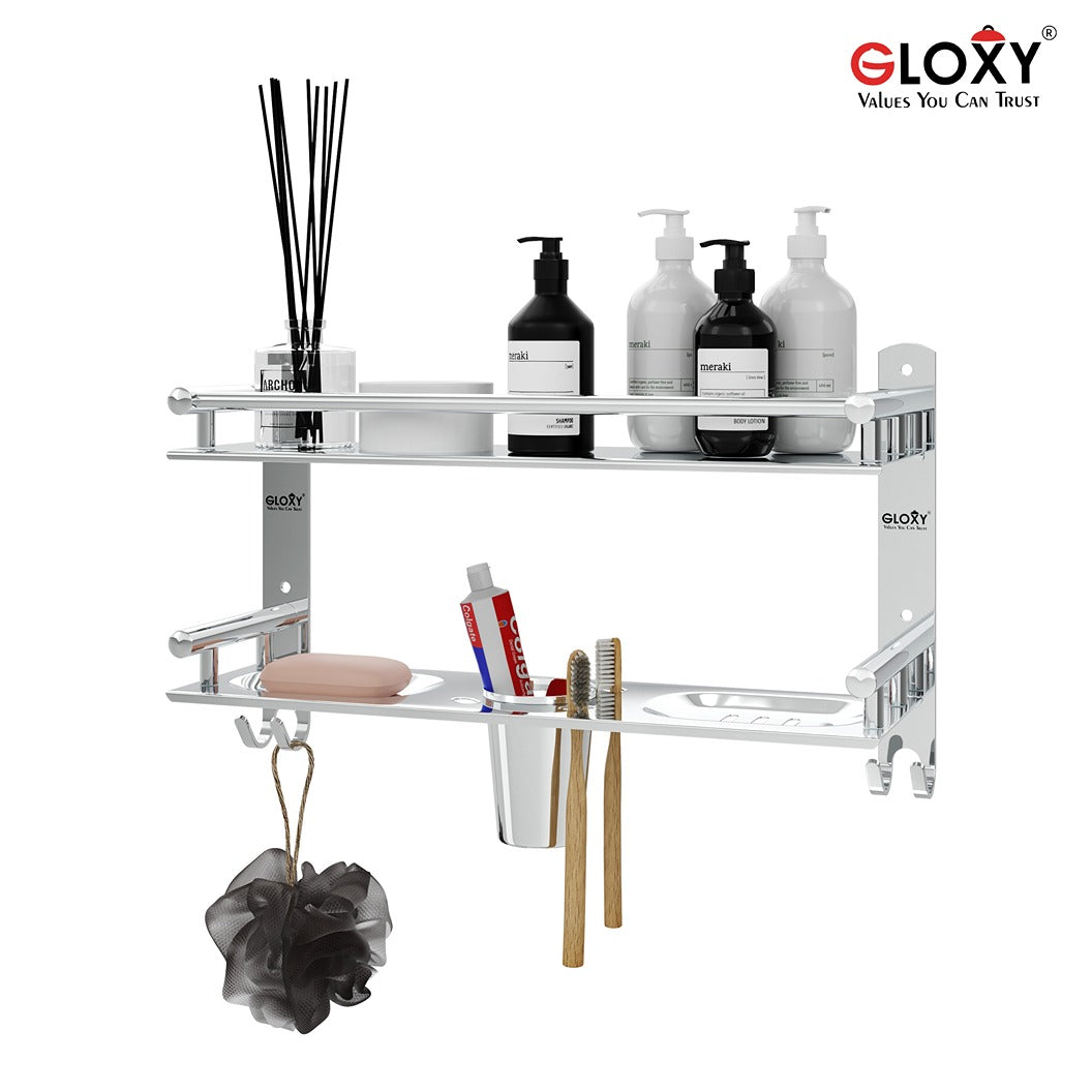 Gloxy Stainless Steel 2-Layer Chrome Finish Bathroom Shelf with Soap Dish,Tumbler Holder,Hooks