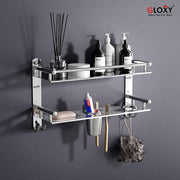 Gloxy Stainless Steel 2-Layer Chrome Finish Bathroom Shelf with Soap Dish,Tumbler Holder,Hooks