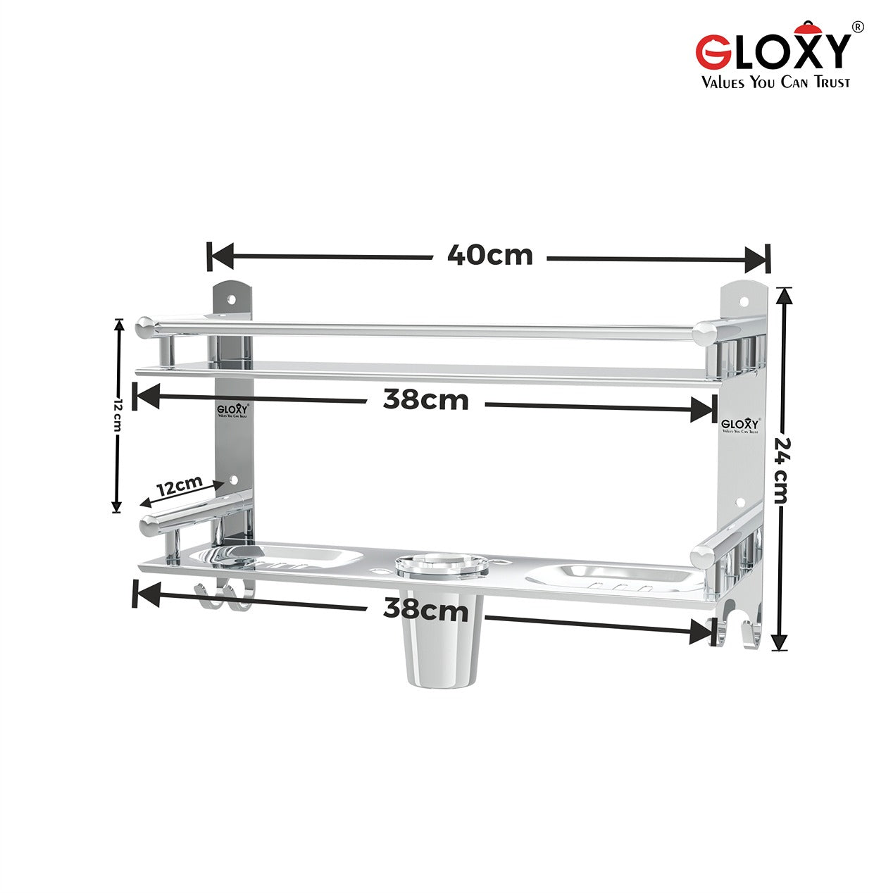 Gloxy Stainless Steel 2-Layer Chrome Finish Bathroom Shelf with Soap Dish,Tumbler Holder,Hooks
