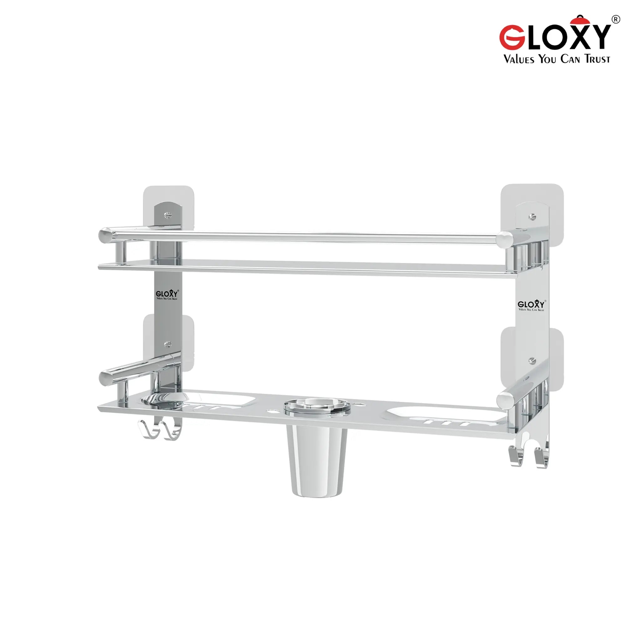 Gloxy Stainless Steel 2-Layer Chrome Finish Bathroom Shelf with Soap Dish, Tumbler Holder, Hooks-Adhesive Sticker Installation
