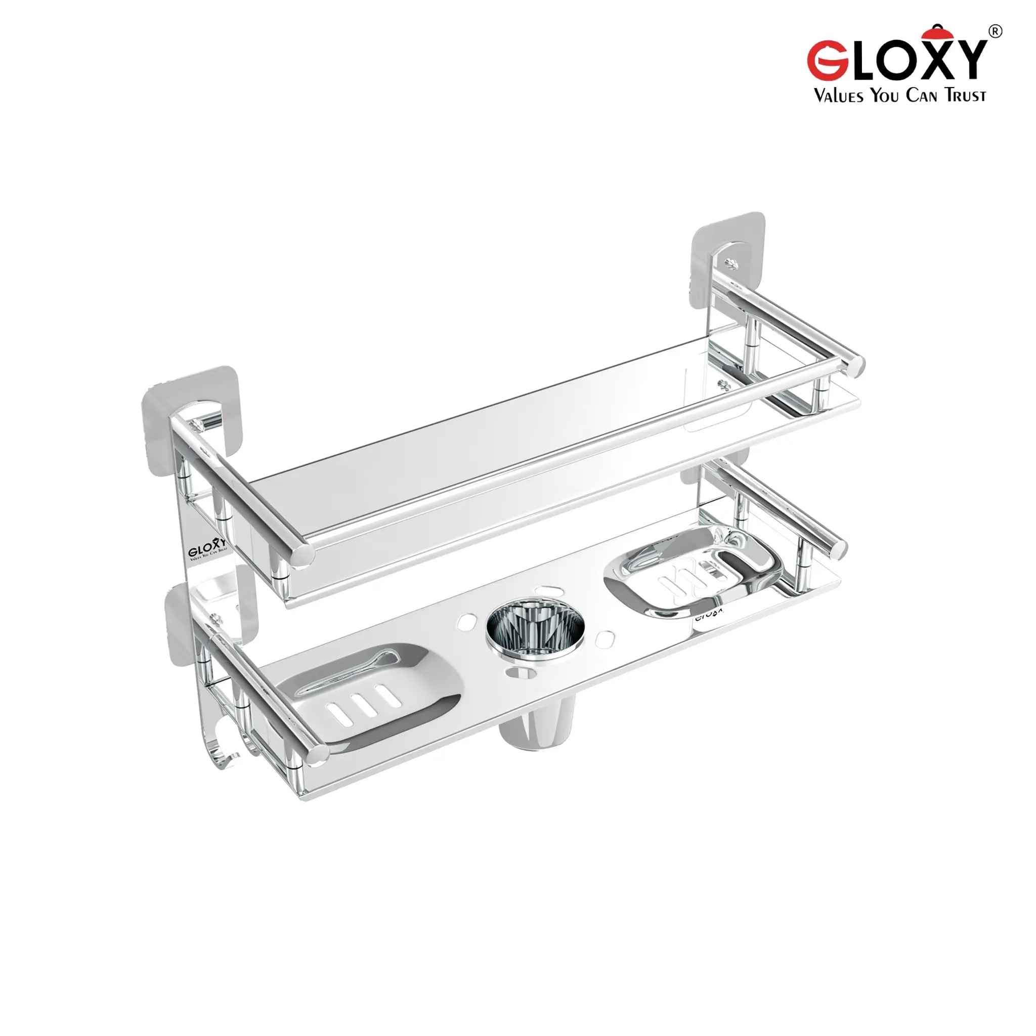 Gloxy Stainless Steel 2-Layer Chrome Finish Bathroom Shelf with Soap Dish, Tumbler Holder, Hooks-Adhesive Sticker Installation