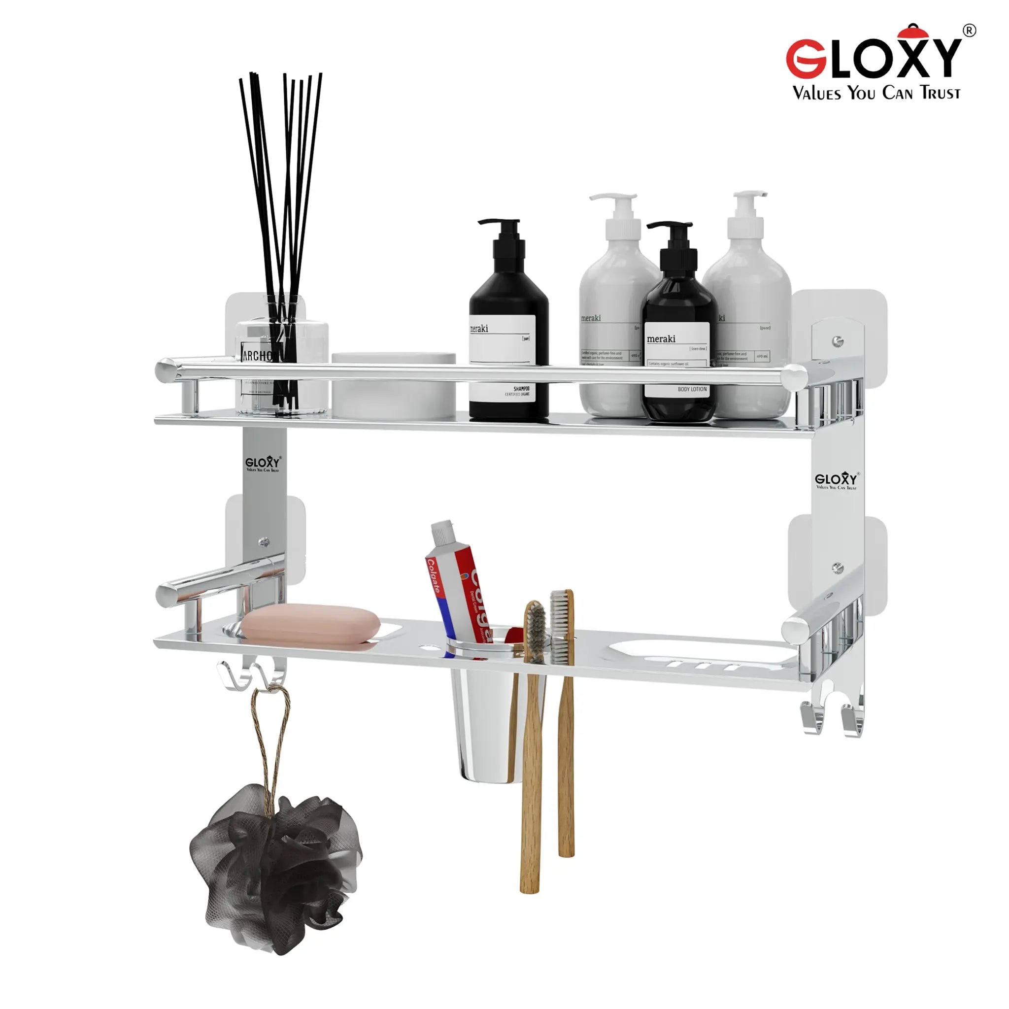 Gloxy Stainless Steel 2-Layer Chrome Finish Bathroom Shelf with Soap Dish, Tumbler Holder, Hooks-Adhesive Sticker Installation