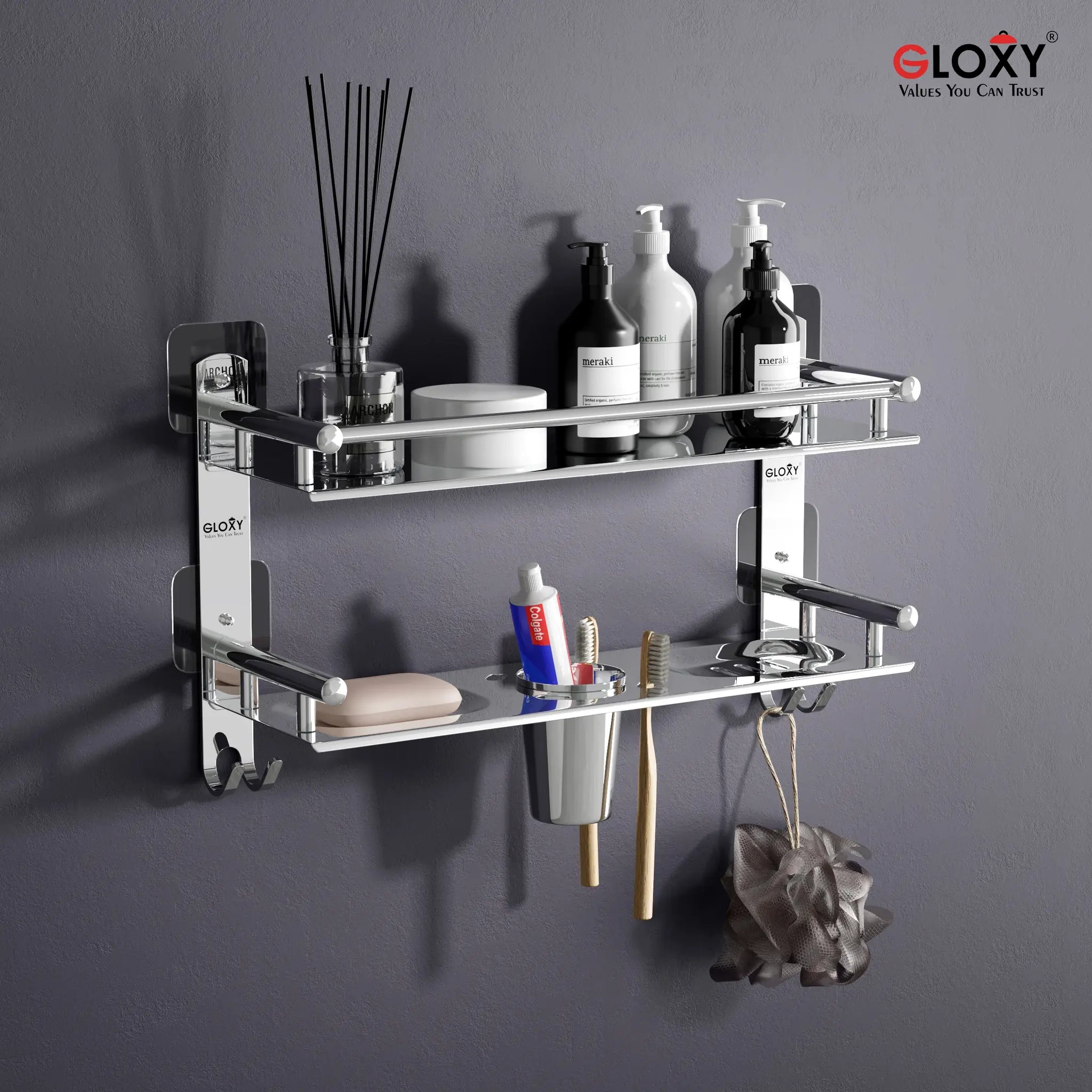 Rectangular Shape Stainless Steel 4 in 1 Multipurpose Adhesive Stickers Bathroom Shelf (15 x 5 Inches, Silver)-by GLOXY®