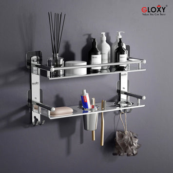 Rectangular Shape Stainless Steel 4 in 1 Multipurpose Adhesive Stickers Bathroom Shelf (15 x 5 Inches, Silver)-by GLOXY®