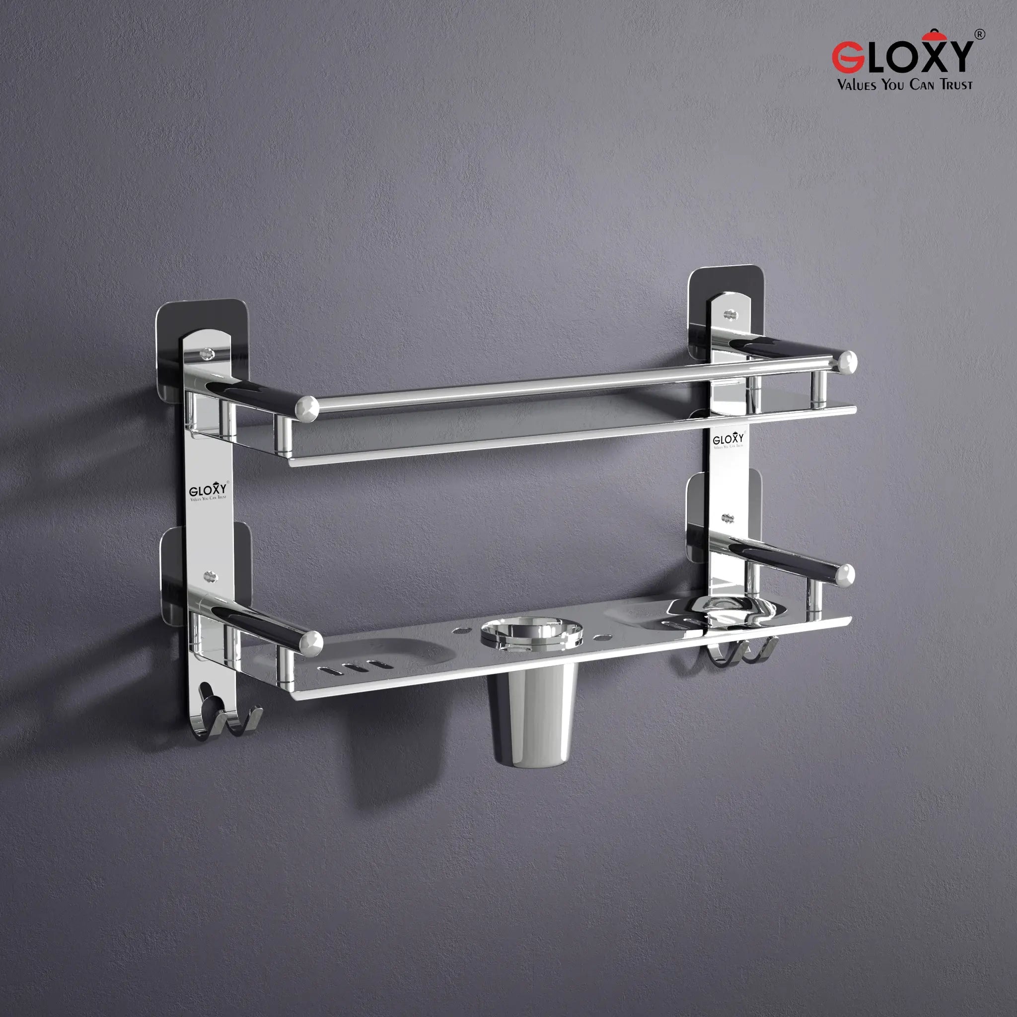 Gloxy Stainless Steel 2-Layer Chrome Finish Bathroom Shelf with Soap Dish, Tumbler Holder, Hooks-Adhesive Sticker Installation