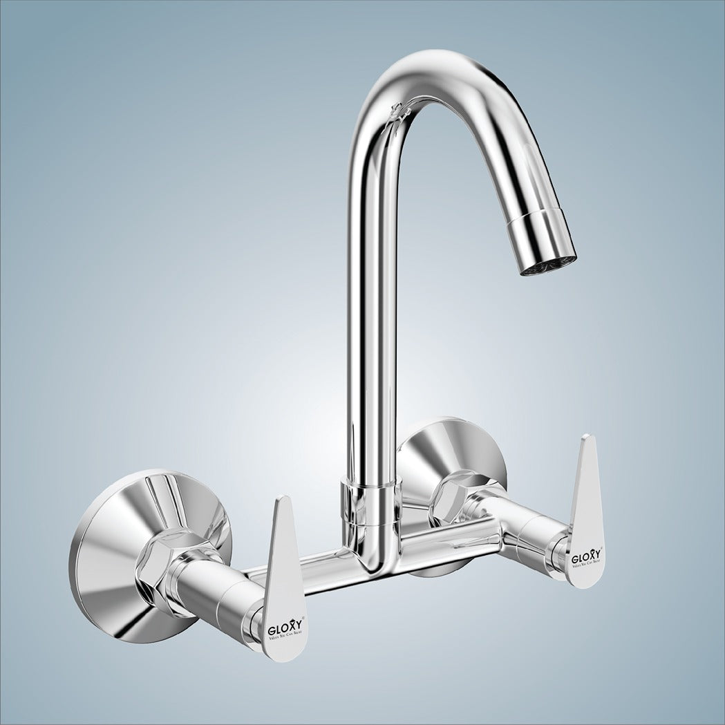 Gloxy Nano Series Double Lever Hot & Cold Water Mixer with 360° Swivel Spout Wall Mount Brass Swan Neck Faucet