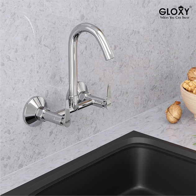 Gloxy Nano Series Double Lever Hot & Cold Water Mixer with 360° Swivel Spout Wall Mount Brass Swan Neck Faucet