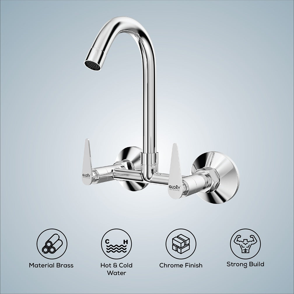 Gloxy Nano Series Double Lever Hot & Cold Water Mixer with 360° Swivel Spout Wall Mount Brass Swan Neck Faucet