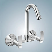Gloxy Delight Series Double Lever Hot & Cold Water Mixer with 360° Swivel Spout Wall Mount Brass Swan Neck Faucet