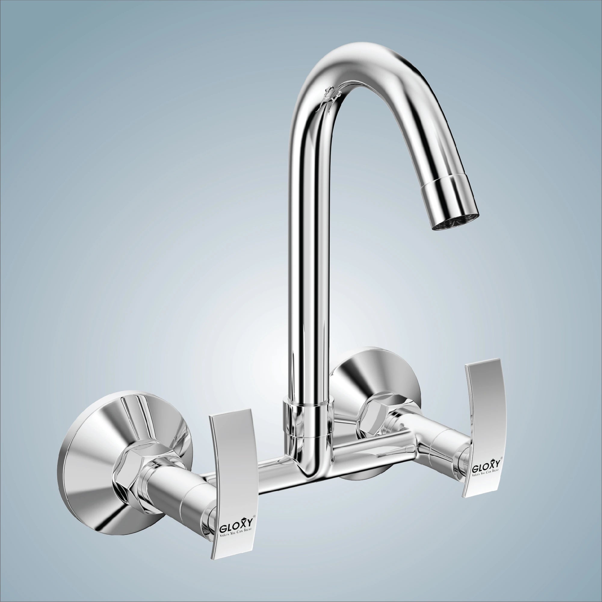 Gloxy Delight Series Double Lever Hot & Cold Water Mixer with 360° Swivel Spout Wall Mount Brass Swan Neck Faucet