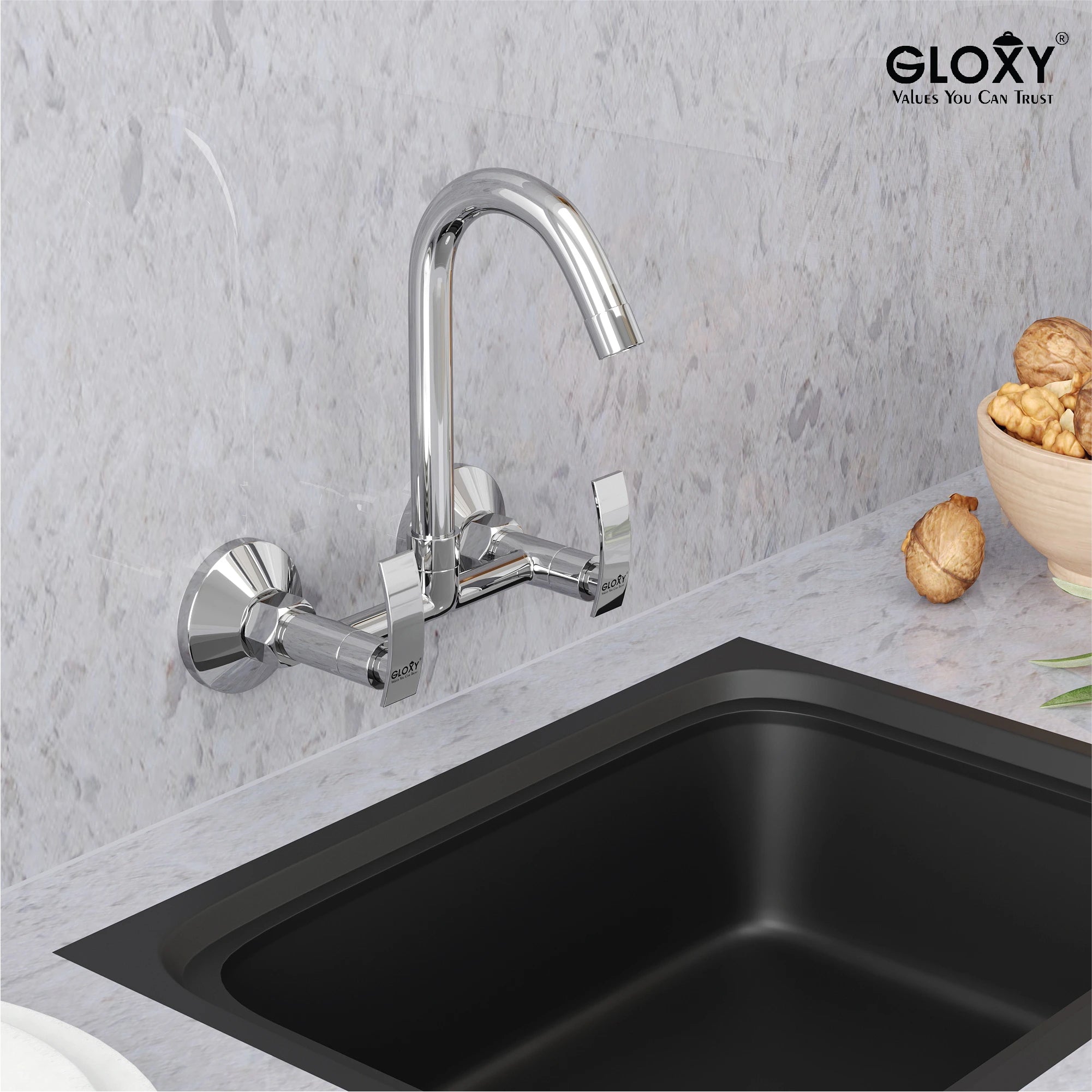 Gloxy Delight Series Double Lever Hot & Cold Water Mixer with 360° Swivel Spout Wall Mount Brass Swan Neck Faucet