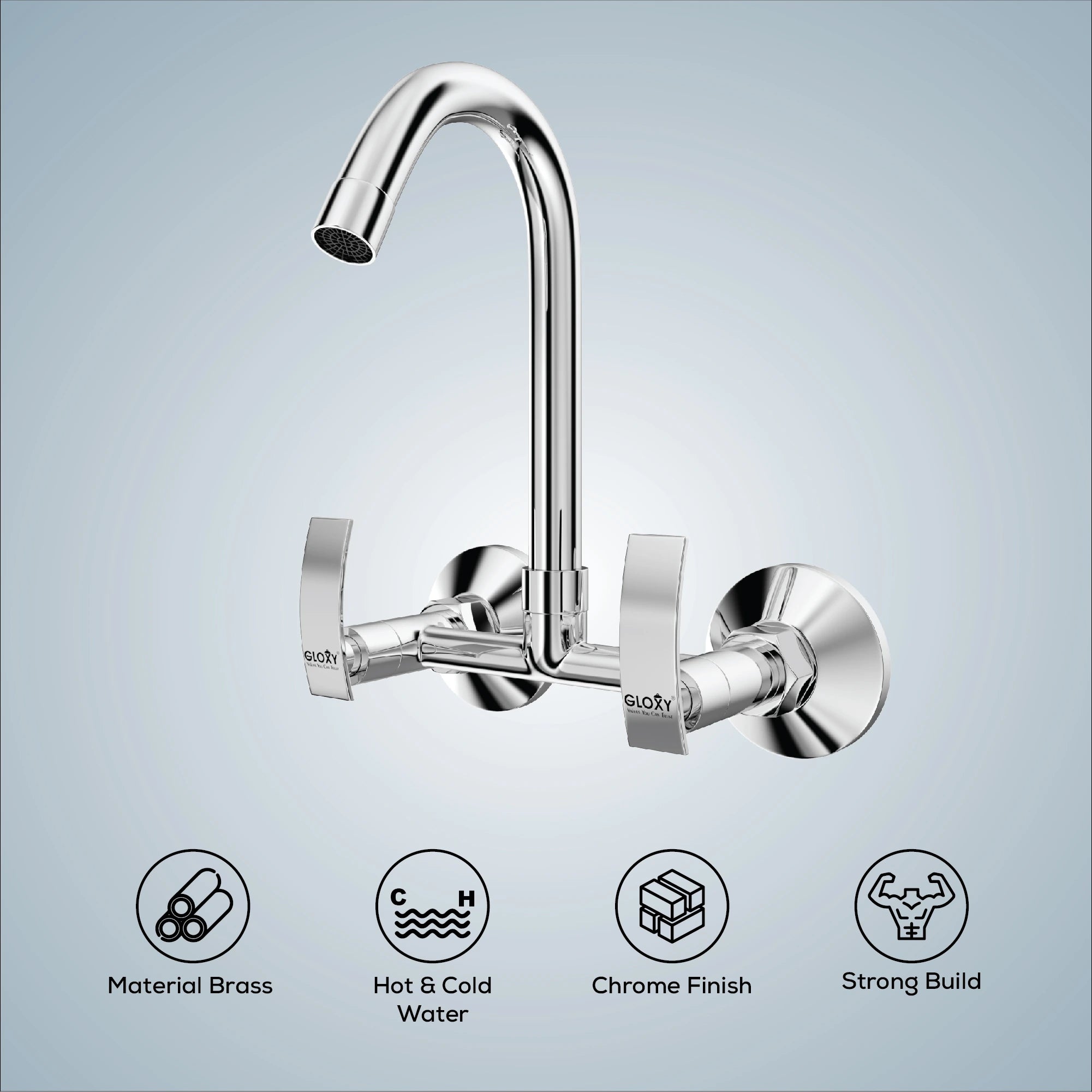Gloxy Delight Series Double Lever Hot & Cold Water Mixer with 360° Swivel Spout Wall Mount Brass Swan Neck Faucet