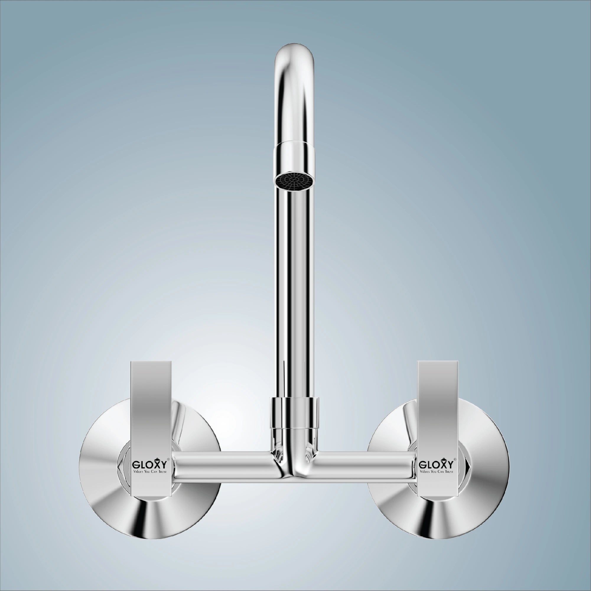 Gloxy Delight Series Double Lever Hot & Cold Water Mixer with 360° Swivel Spout Wall Mount Brass Swan Neck Faucet