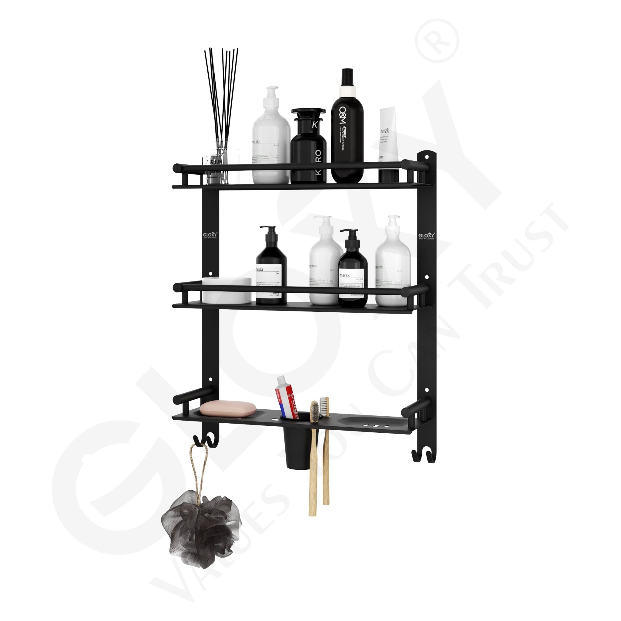 Black Stainless Steel Matte Finish 4-in-1 Bathroom Shelf Rack