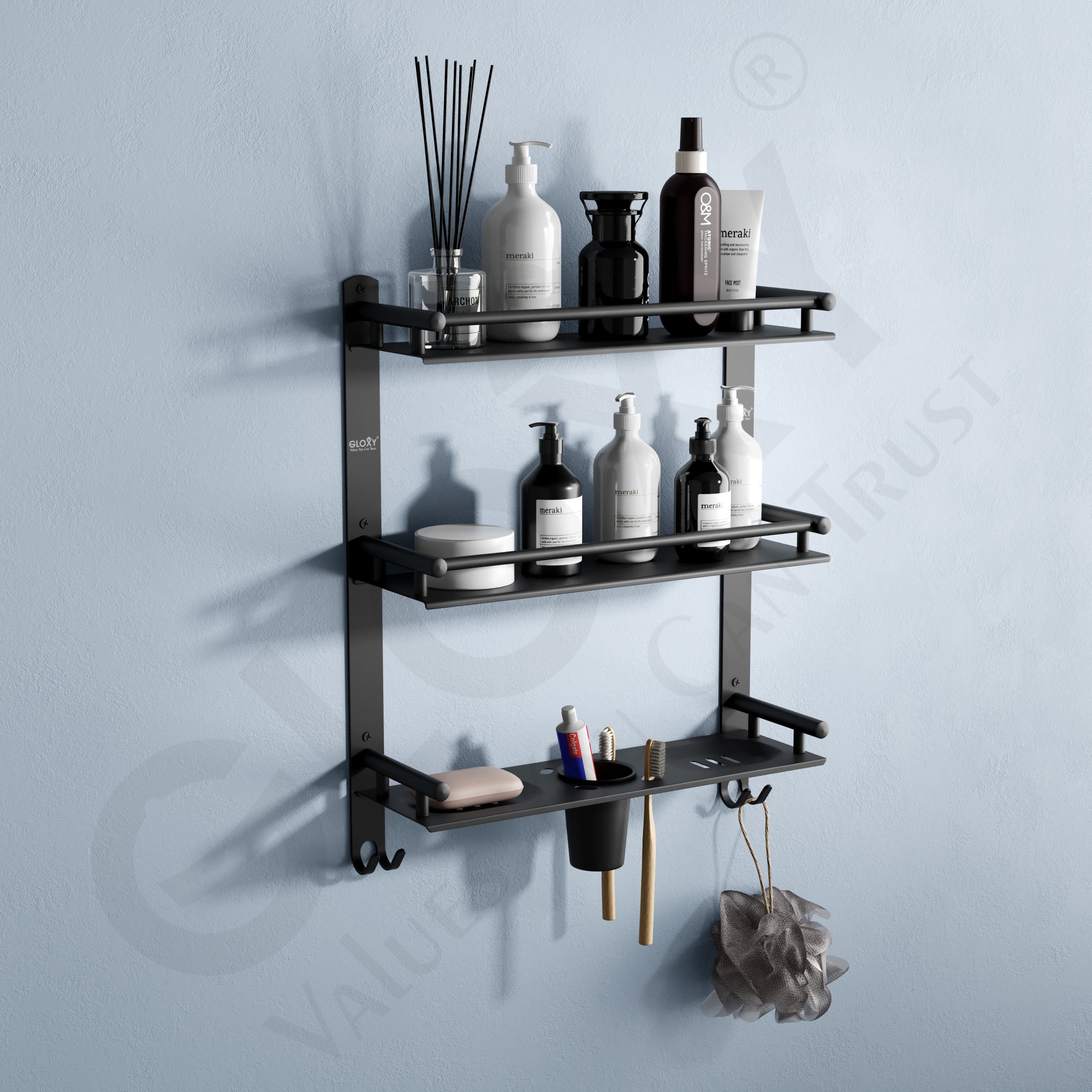 Black Stainless Steel Matte Finish 4-in-1 Bathroom Shelf Rack