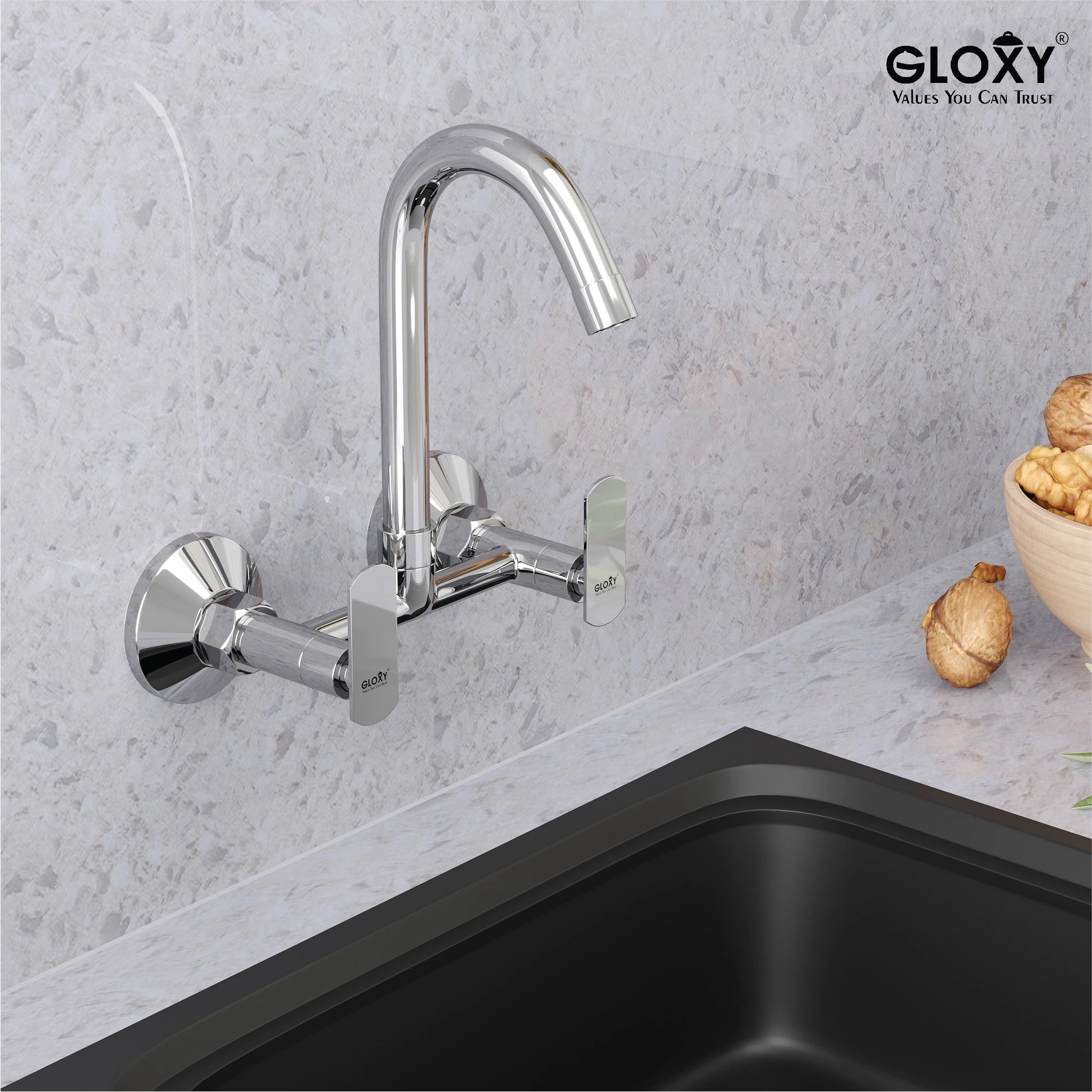 Gloxy Riva Series Double Lever Hot & Cold Water Mixer with 360° Swivel Spout Wall Mount Brass Swan Neck Faucet