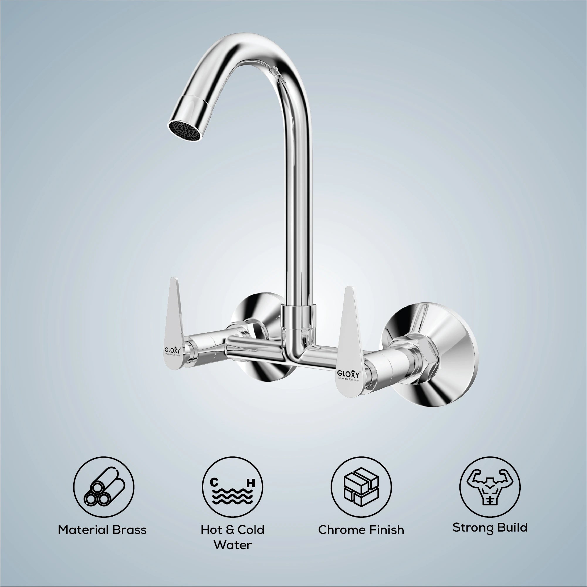 Gloxy Riva Series Double Lever Hot & Cold Water Mixer with 360° Swivel Spout Wall Mount Brass Swan Neck Faucet